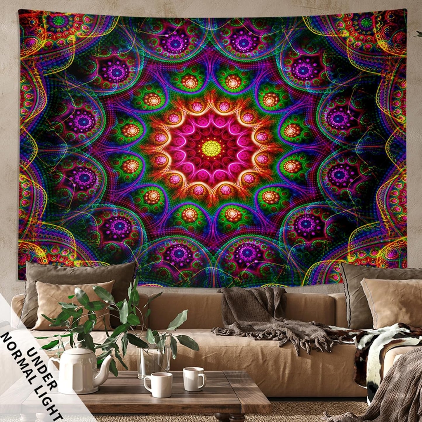 Blacklight Trippy Mandala Tapestry, Boho Black Light Posters for Adults UV Reactive Room Decor for Bedroom Wall (40 x 30 Inches)
