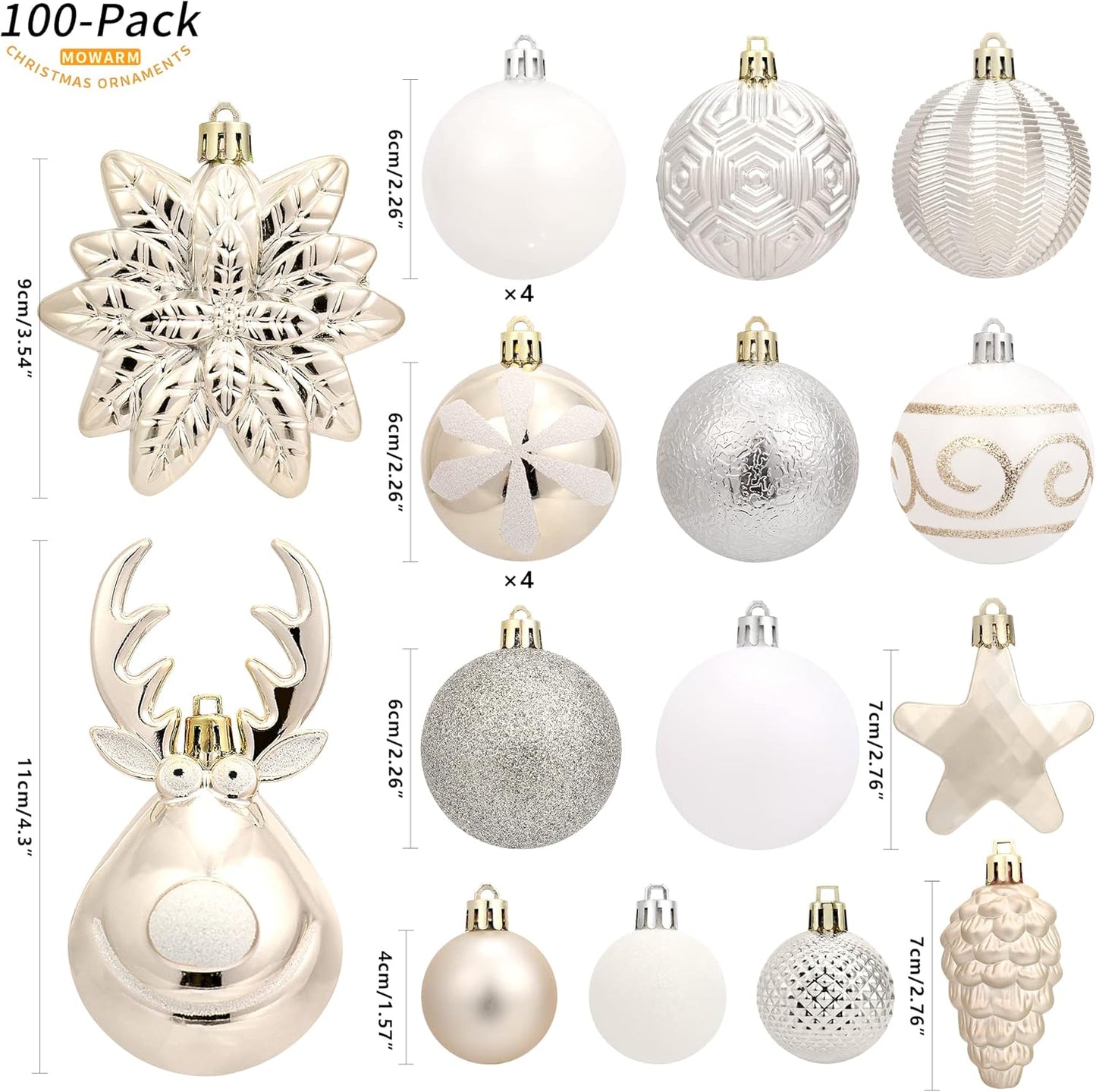 100-Pack Various Shatterproof Christmas Balls, Christmas Decorative Ball Ornaments for Xmas Tree- Champagne Gold