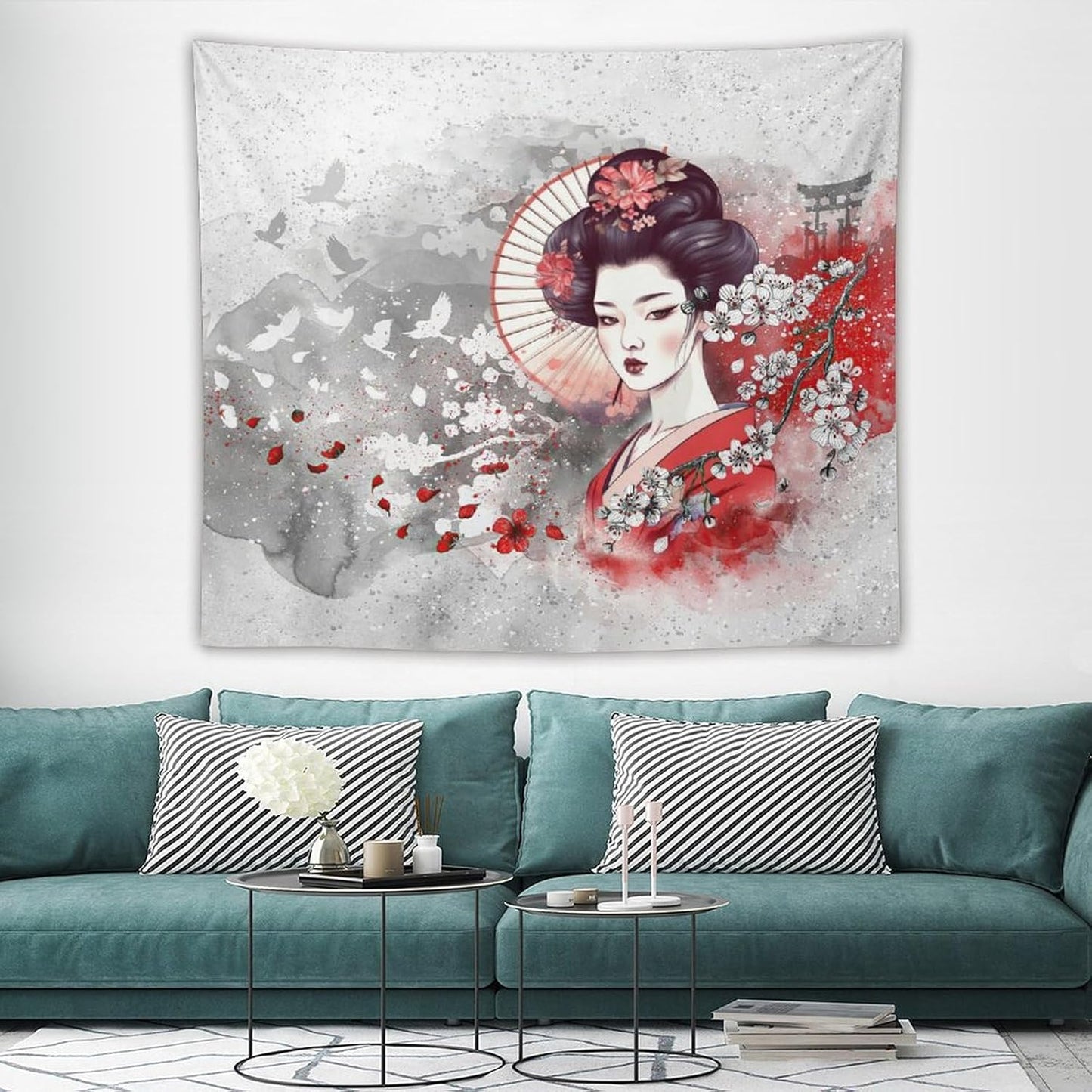 Japanese Geisha Tapestry Asian Red Cherry Blossom Traditional Kimono Folk Tapestries Home Decor for Living Room Bedroom Apartment Farmhouse Dorm 60"x50"