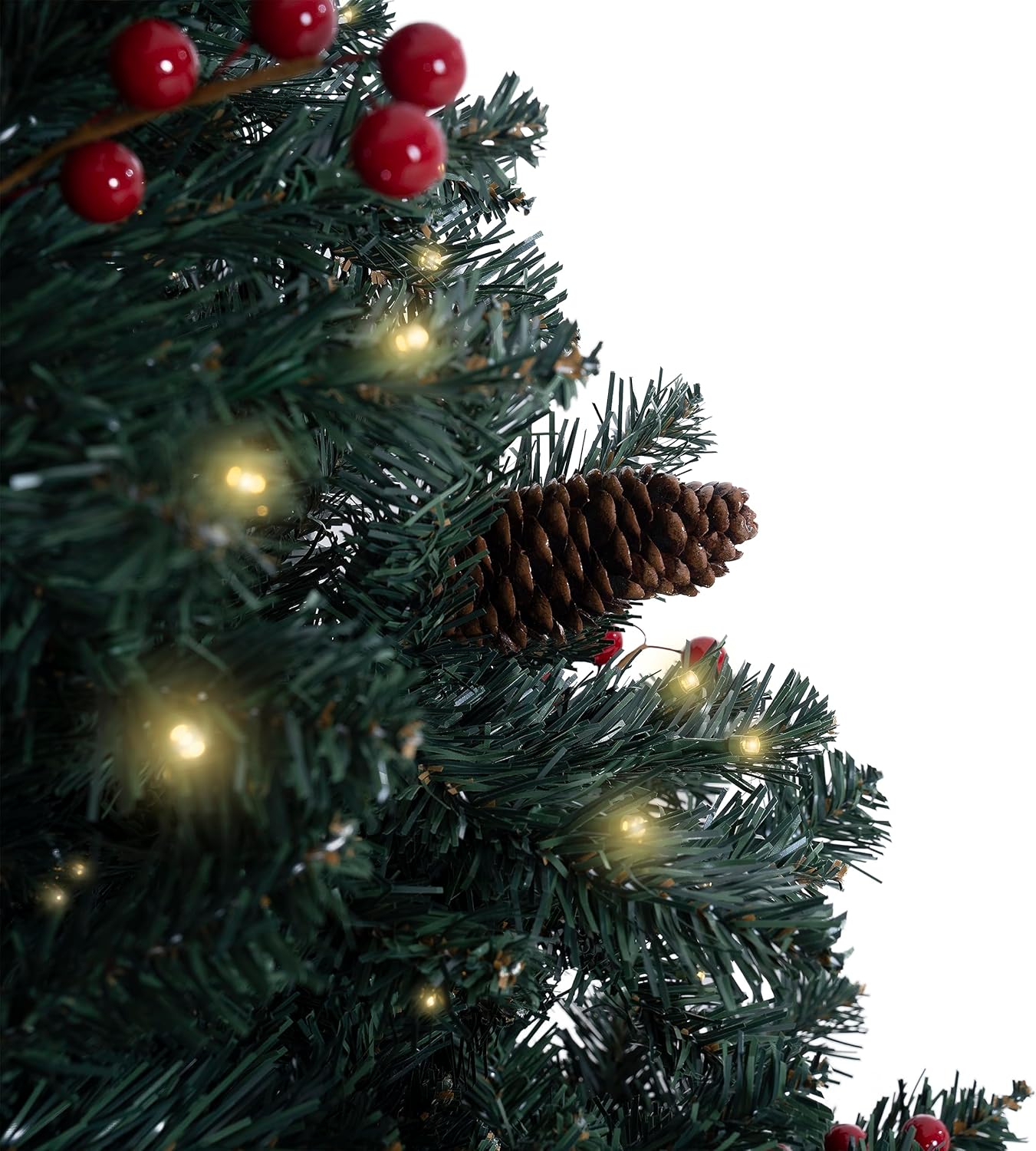 Naomi Home Belen 6.5ft Pencil Christmas Tree Prelit pre-Decorated with Pine Cones, Red Berries, 754 Branch Tips, 250 Warm Lights and Metal Stand, 30" Wide Skinny Christmas Tree with Lights