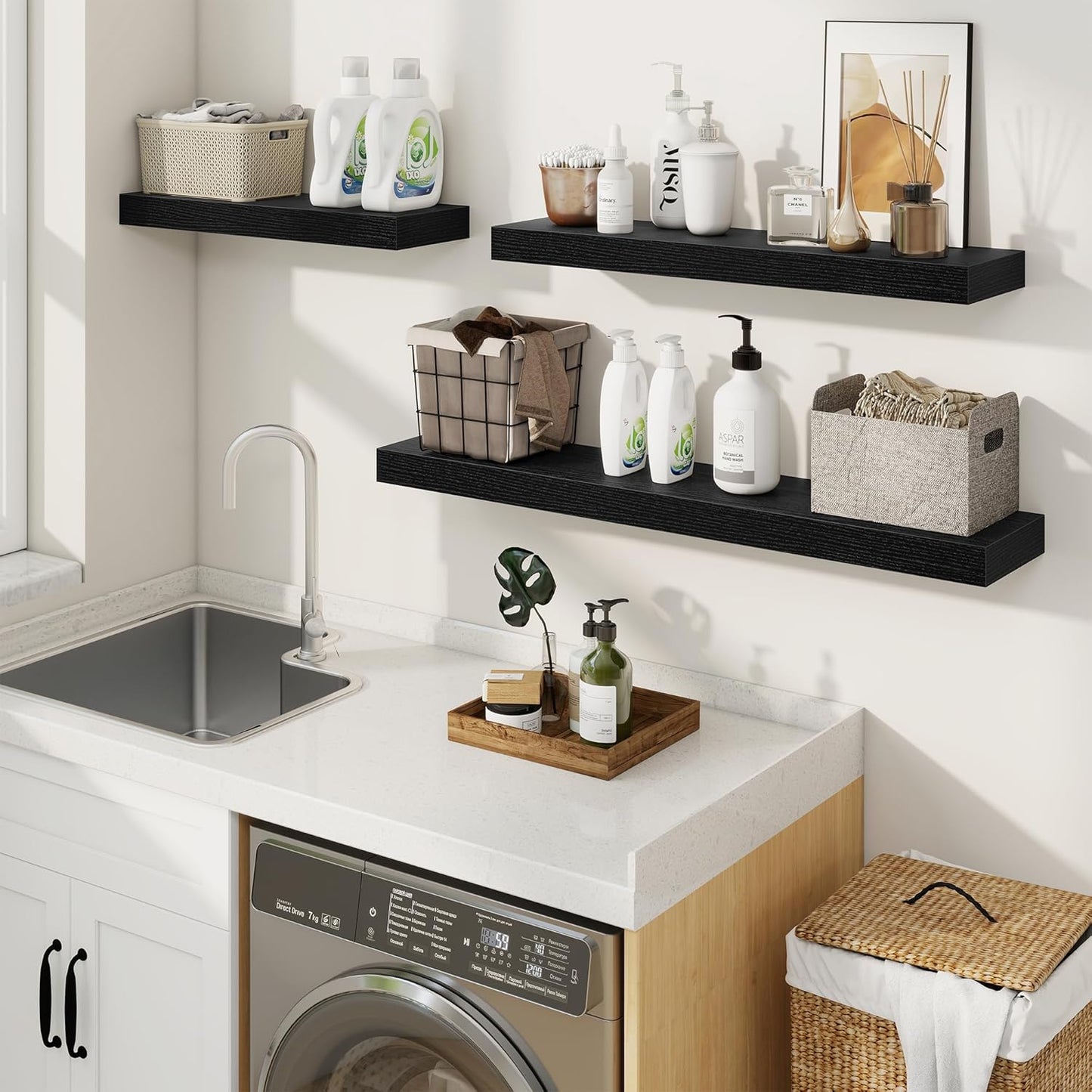 fuqing Floating Shelves for Wall, Bathroom Shelf Wall Mounted for Storage, Shelves with Invisible Bracket for Bedroom, Kitchen, Living Room, Farmhouse Small Book Shelf, 16 Inch Set of 2, Black