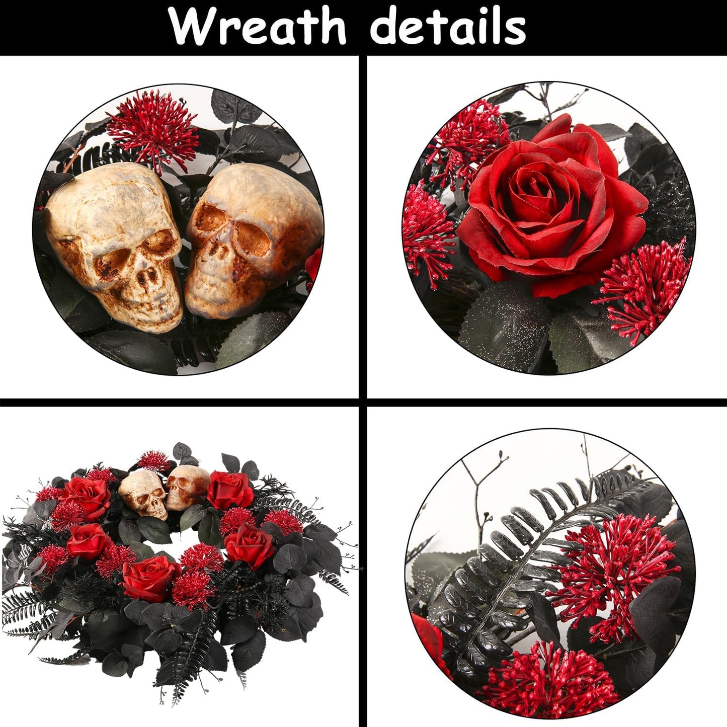 20" Halloween Wreaths for Front Door, Black Eucalyptus Leaves with Glitters, Red Roses, Skull, Gothic Wreath Horror Room Decor