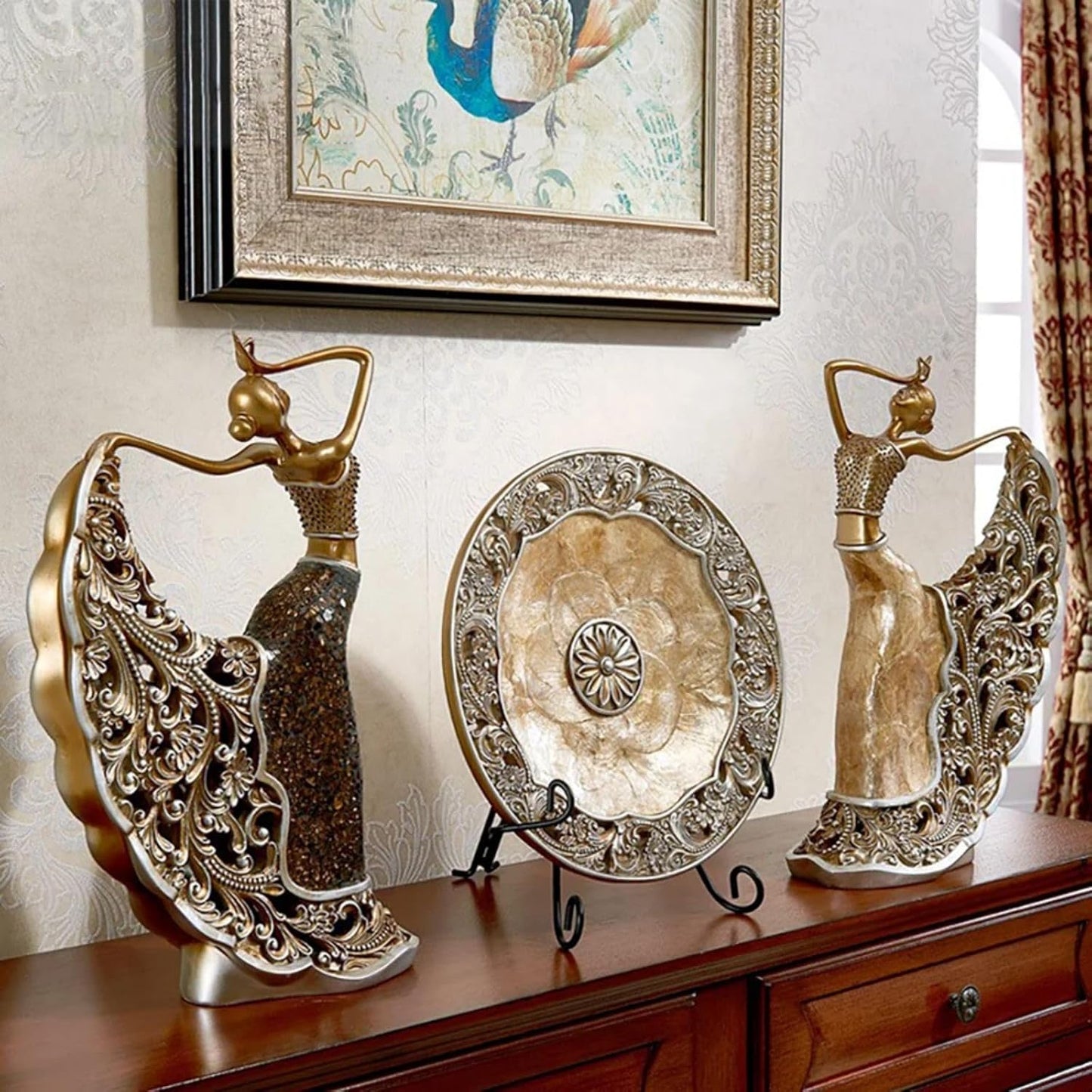 homary 3PCS Peacock Dancer Figurines Statue Vintage Romantic Resin Sculpture Set Decorative Ornaments for Office Desktop Bookshelf Decor, Gold