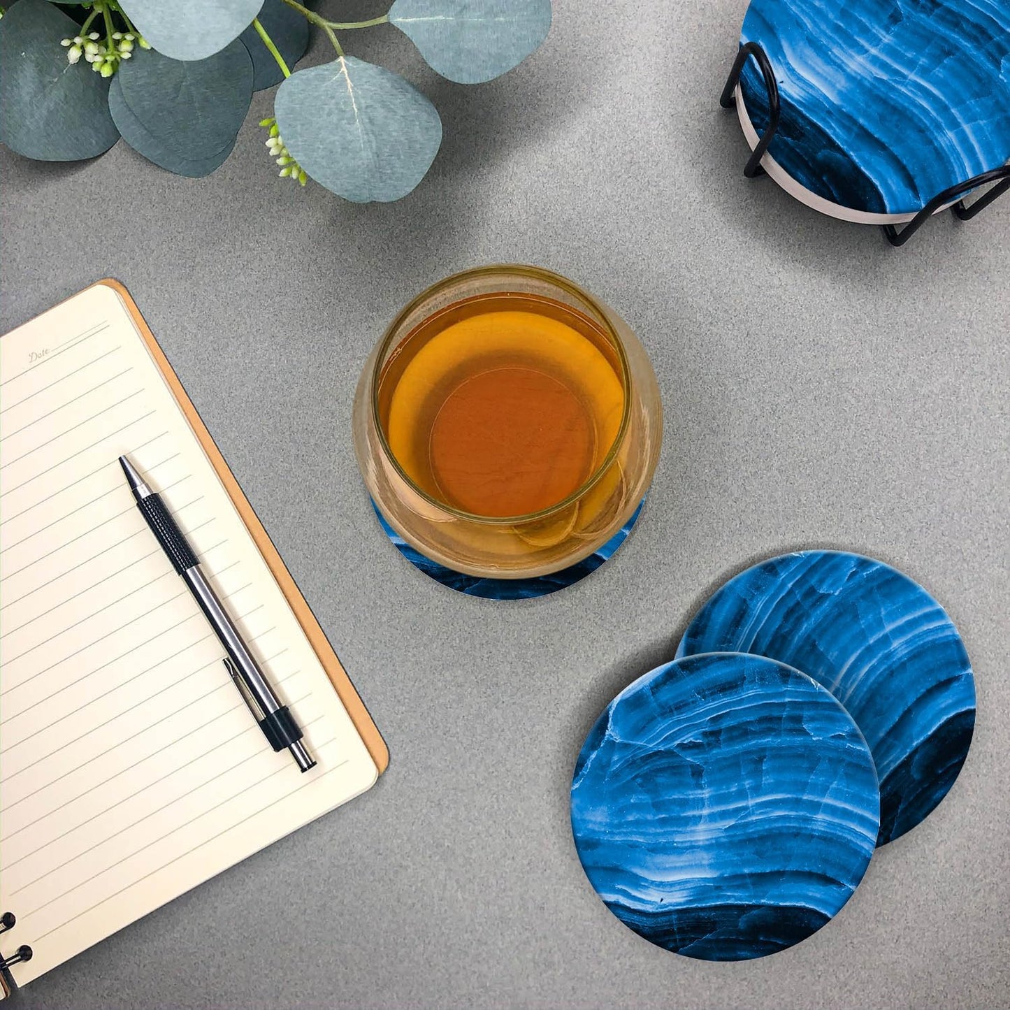 Emerson Coasters for Drinks Absorbent – Dining Table Set of 6 with Holder, 100% Ceramic Wooden Tabletop Protection Marble Style - Non Slip & Cork Bottom - Heavy Duty (Blue Stone)