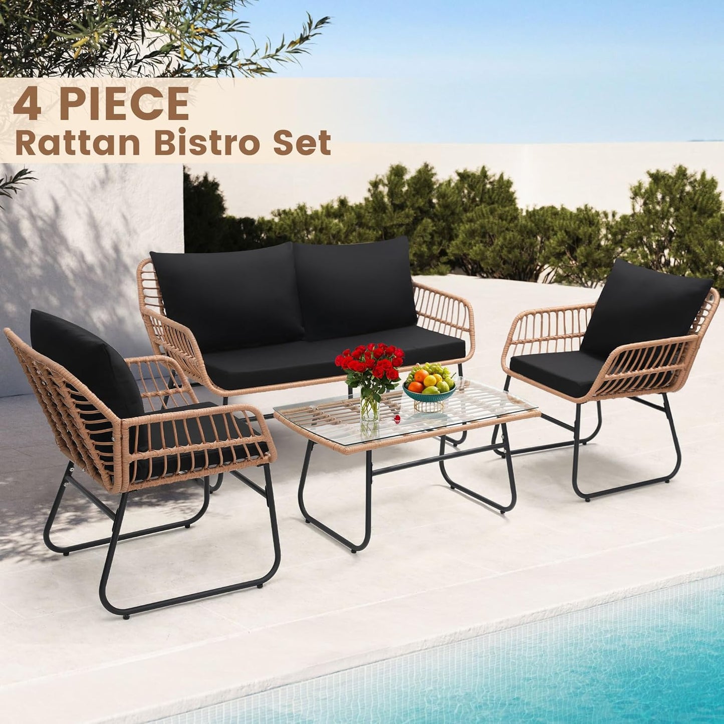 Kromax 4 Piece Patio Bistro Outdoor Furniture Set, Wicker Sofa, 2 Rattan Chairs, and Table, Backyard Conversation Set, All Weather Cushions, Natural Rattan Black Cushion