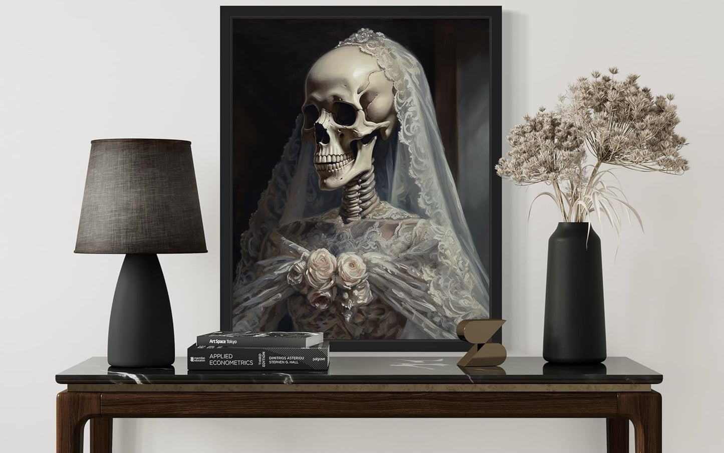 Skull Gown Poster Art Print, Halloween Scary Vintage Wall Art Academia Spooky Painting Decoration for Horror Prints, Gothic Posters Bedroom Decor 89 (Skull Gown, 16 x 20 inches, Black Frame)