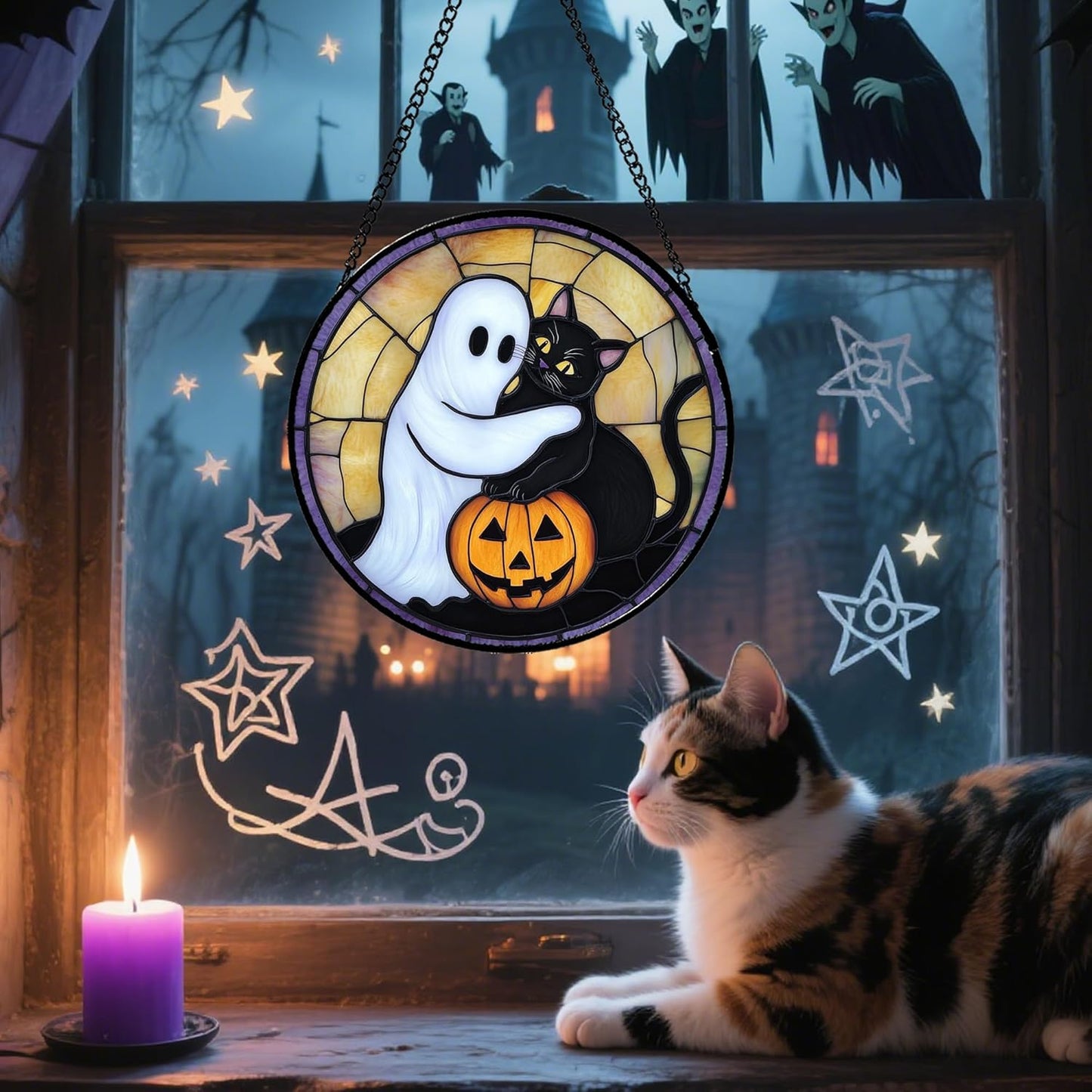 Stained Glass Window Hanging - Halloween Decorations Cute White Ghost Black Cat Suncatcher for Doors Garden Spooky Sun Catchers Gothic Decor Horror Gifts for Women Men Friend Boy 11.8 in