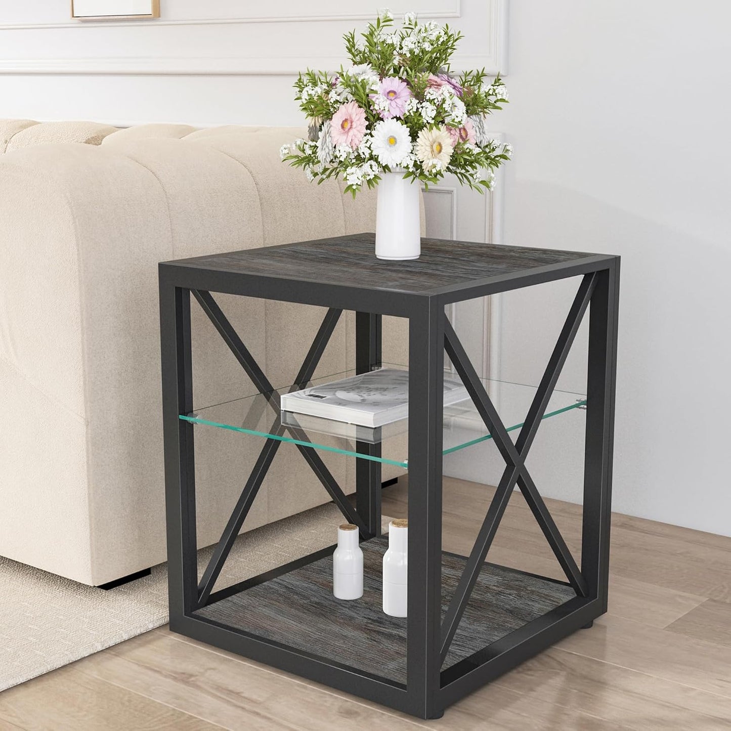 Farmhouse End Table Set of 2, Modern Side Table with 3-Tier Storage Shelf, Square Rustic Nightstand, Accent Tea Table, for Bedroom Office Living Room, Grey, Natural Wood, Glass, Metal
