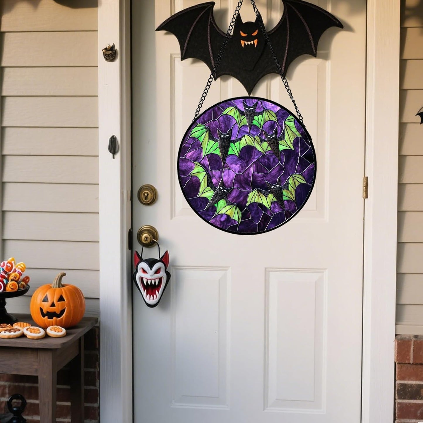 Stained Glass Window Hanging - Halloween Decorations Black Bat with Green Wings Suncatcher for Doors Garden Indoor Spooky Sun Catchers Gothic Decor Horror Gifts for Women Men Friend 11.8 in