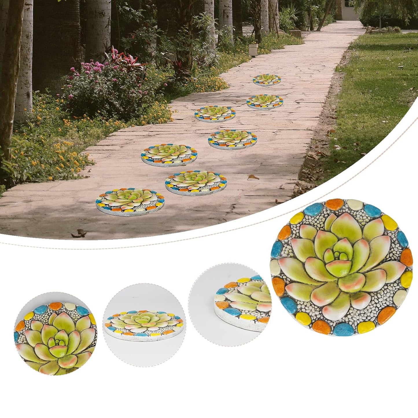 Succulent Pattern Cement Stepping Stones - Outdoor Pavers for Walkway, Multicolored Decorative Stone for Garden, 0.75 x 10 x 10 Inch