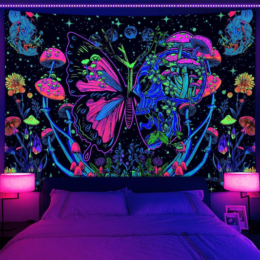 Xiaoput Blacklight Skull Butterfly Tapestry, Trippy UV Reactive Mushroom Wall Hanging Tapestries, Glow in The Dark Hippie Skeleton Aesthetic Moon Tapestry for Living Room Home Dorm Decor 40X30IN