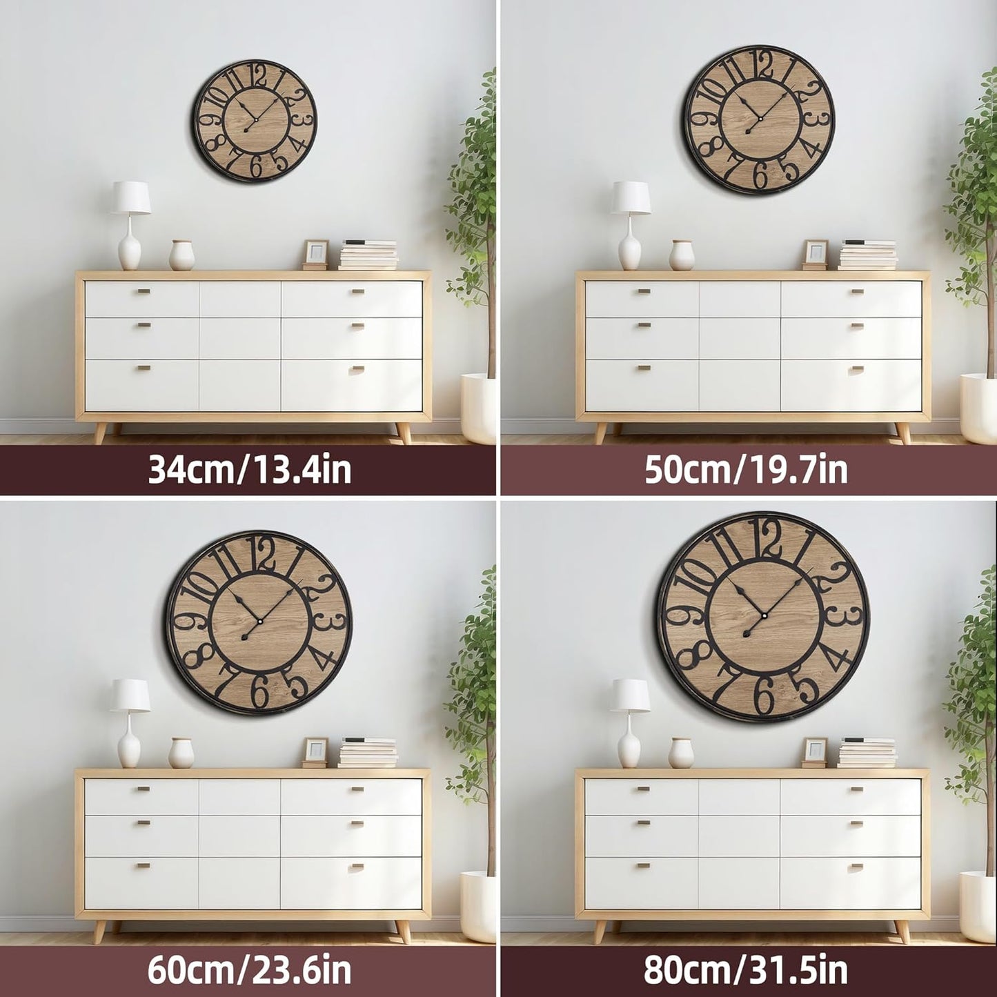Large Wall Clock for Living Room Decor, Non Ticking Silent, Battery Operated Modern Vintage Wood Oversized Decorative Wall Clock for Bedroom Kitchen Farmhouse Office Decor