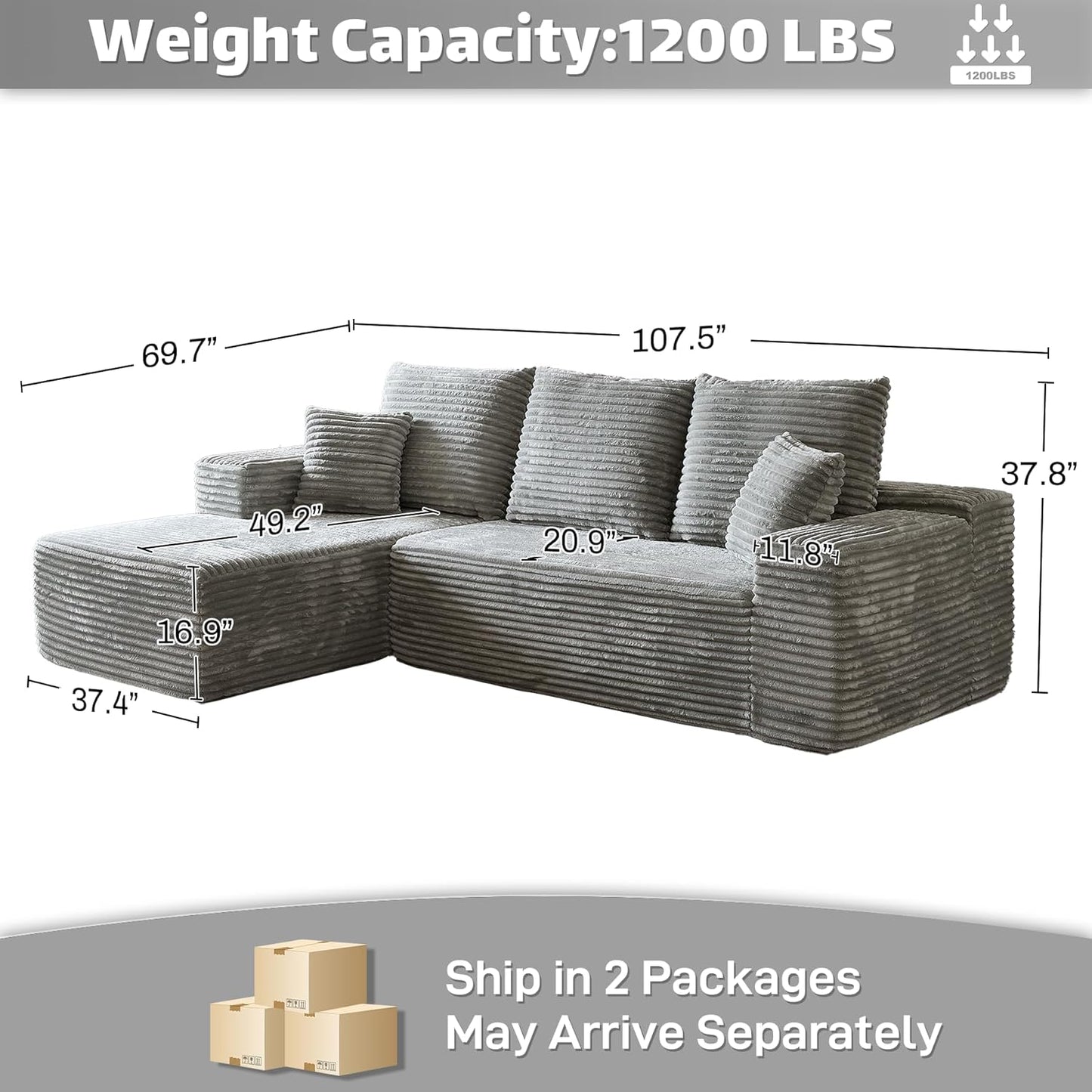 HYJT-H&K Modular Sectional Sofa Cloud Couch, 107" Comfy L Shaped Sectional Couches for Living Room, Deep Seat Memory Foam Plush Fluffy Corduroy Boneless Couch Sectionals Left Facing Sofa Chaise Grey