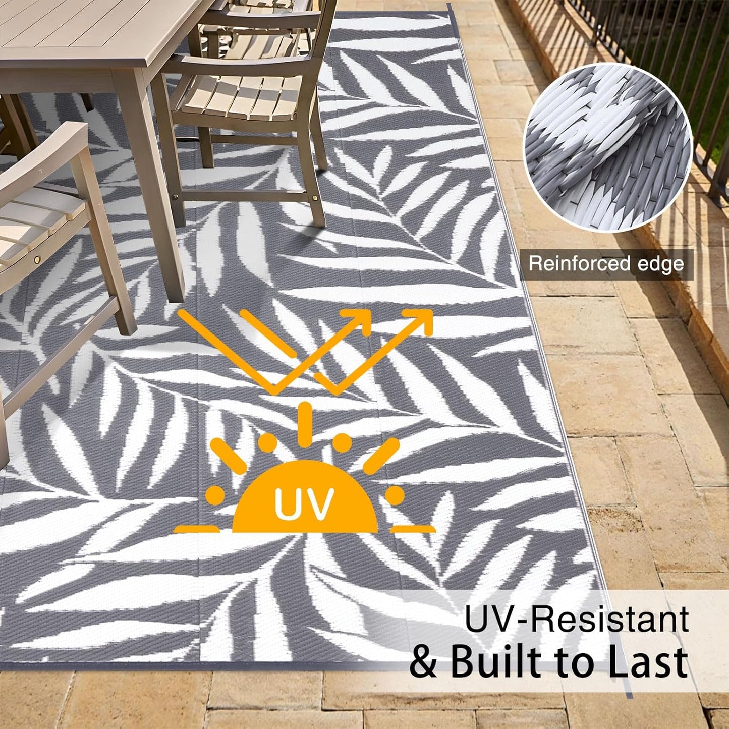 OLANLY Waterproof Outdoor Rug 8x10 ft, Reversible Outdoor Plastic Straw Rug with Leaf Pattern, RV Mat, Indoor Outdoor Carpet for Patio, Camping, Balcony, Deck, Backyard, Grey & White