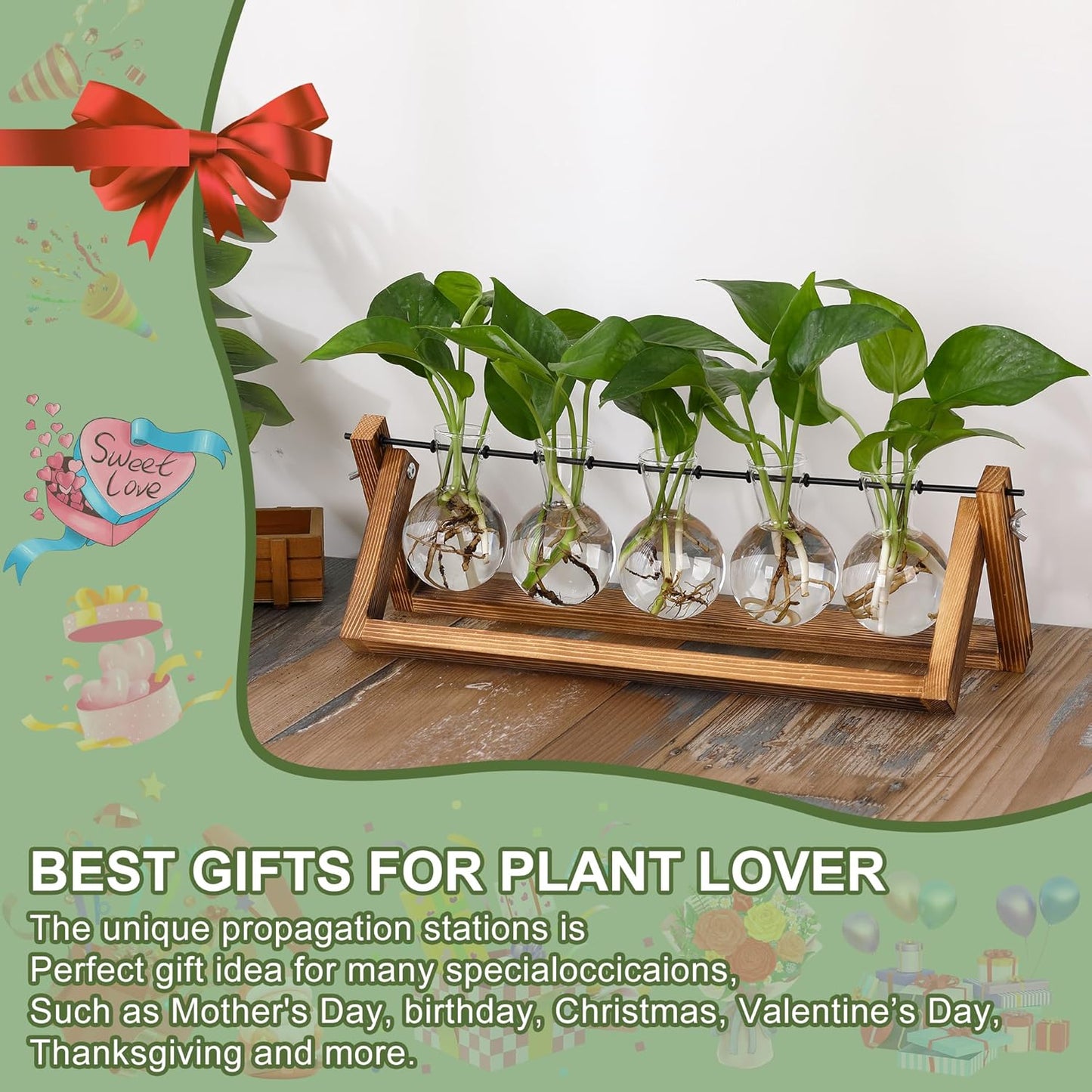 YIBOT Propagation Stations,Plant Terrarium with Wooden Stand,Plant Lover Gifts for Women for Hydroponics Plants Home Garden Wedding Decor(5 Bulb Vase)