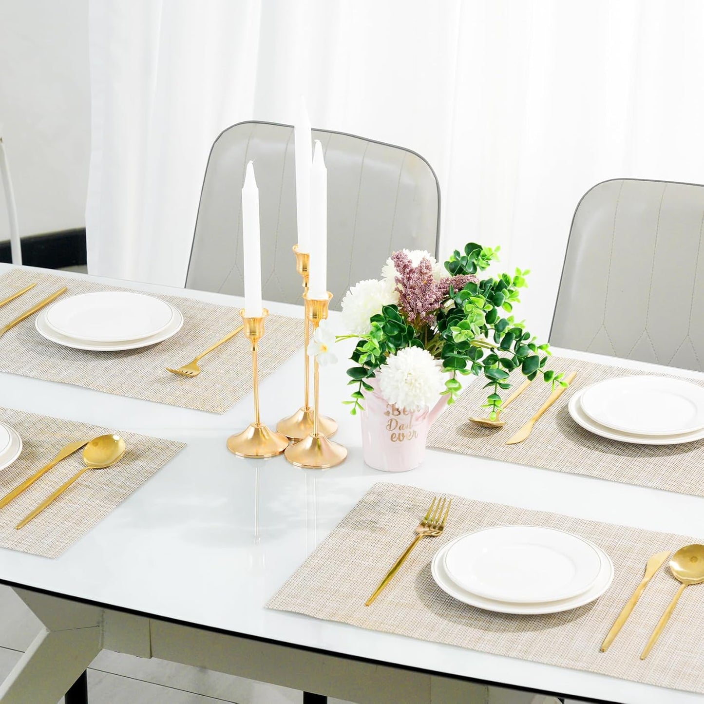 Placemats Set of 8，Non-Slip PVC Weave Table Mats Easy to Clean，Heat Resistant Place Mats for Kitchen Dining Table Decoration Indoor Outdoor，Beige White
