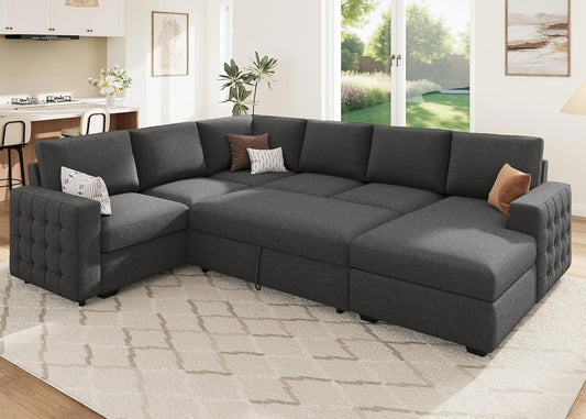 HONBAY Sectional Couch with Pull Out Bed, U-Shaped Sectional Sleeper Sofa with Storage, 6 Seater Sectional Sofa Bed, Mid-Grey