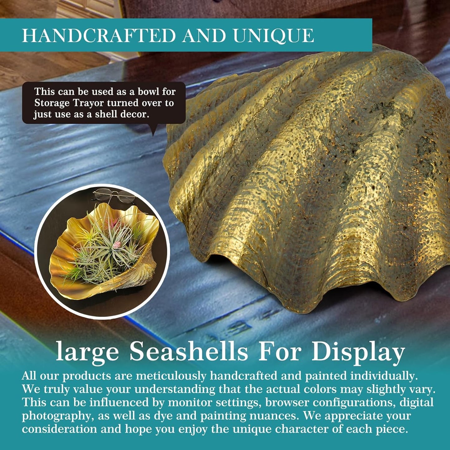 Large Clam Shells Decorative Bowl-Bronze/Golden Sea Shells Decorative Storage Bowls for Coastal Beach theme house table centerpiece decorations & Nautical decorations for coffee table -10.2"-1PC