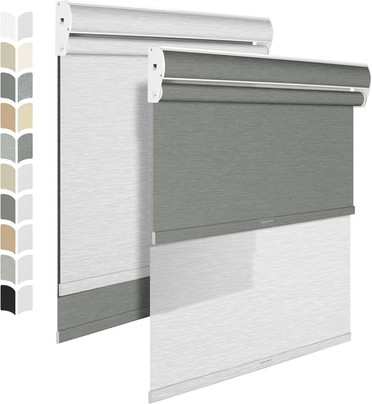 BERISSA Cordless Dual Roller Shades with Cassette Valance, Double Window Shades - Blackout and Light Filtering - Day and Night for Home, Office, Door. Grey and White. 56 W x 36" H
