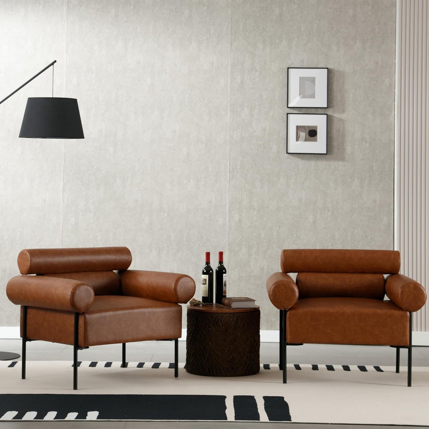 Modern Accent Chairs Set of 2, Single Sofa Accent Chairs for Living Room, Oversized Upholstered Leather Mid-Century Office Reading Armchairs with Channel Tufted for Bedroom, Brown