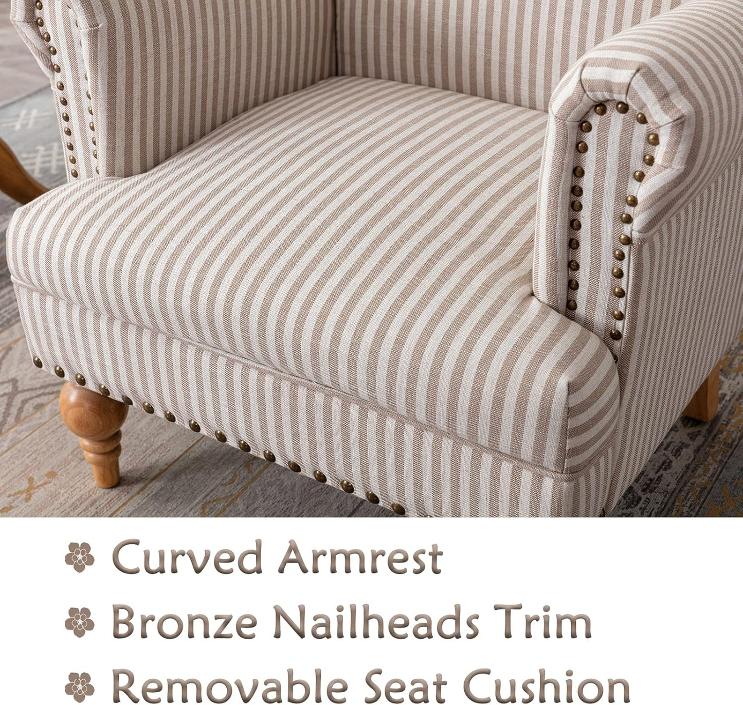 chairus Linen Accent Chair for Living Room Set of 2 Upholstered Mid Century Modern Single Sofa Chair with Solid Wood Legs Comfy Reading Chair Armchair for Bedroom/Office/Recption/Lounge, Khaki Stripe