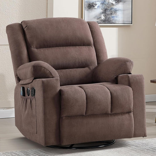 Rocker Recliner Chair with Heat and Massage, 360° Swivel Recliner Chairs for Adults, Heavy Duty Reclining Sofa Chair with USB Port Cup Holders Side Pockets for Living Room (Brown)