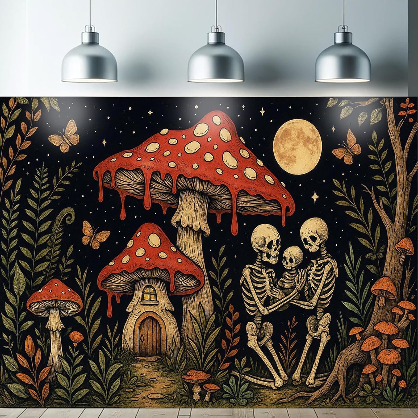 Starlit Patio Skeleton Family Blacklight Tapestry UV Reactive Wall Hanging Mushroom House and Moon for Bedroom Dorm Living Room Glowing Cottagecore Decor Fluorescent Trippy Poster 78 x 59 Inch