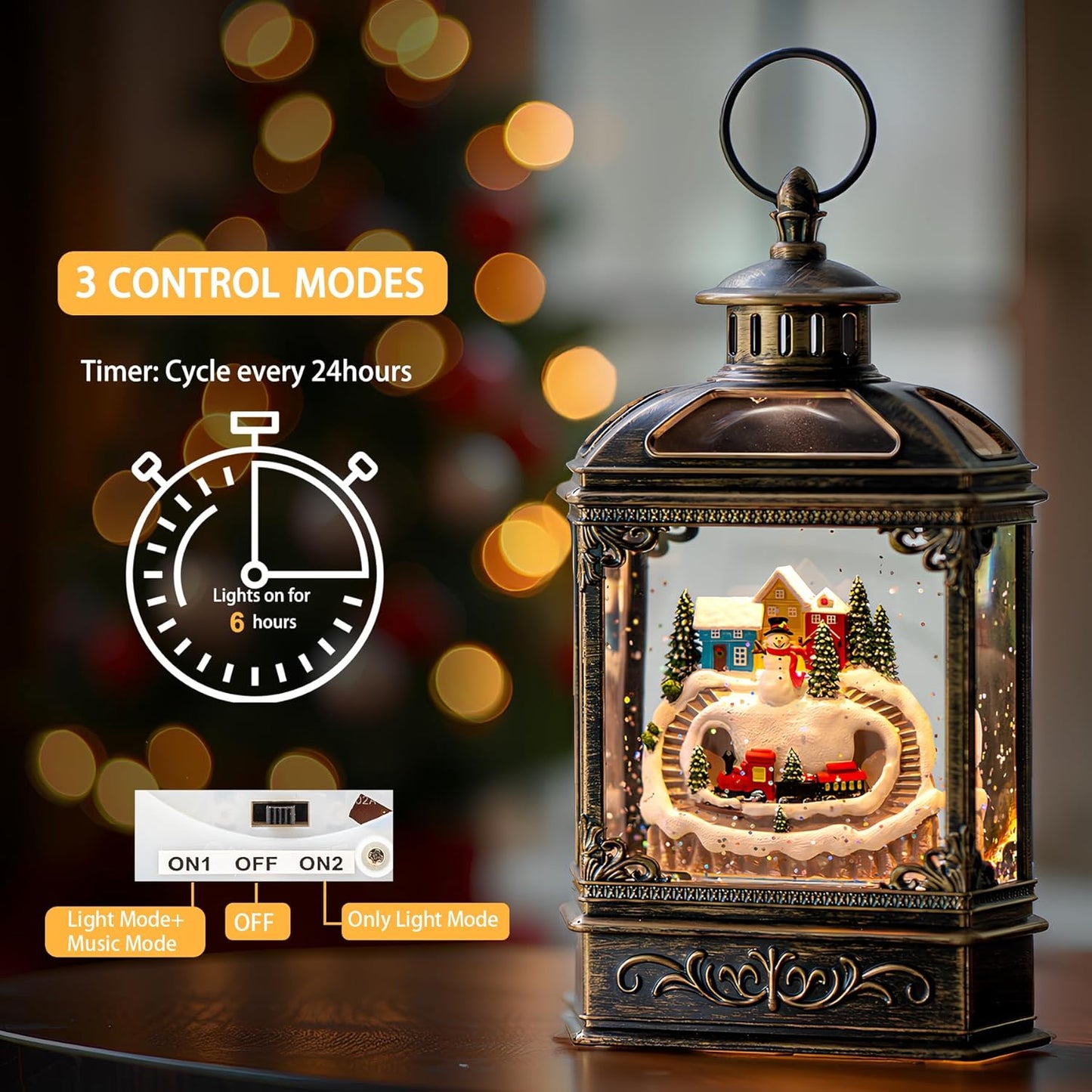 Christmas Snow Globe Lantern Water Glittering Snowman & Train with Music, USB Lined/Battery Operated Lighted Lantern for Christmas Festival Decoration Gifts