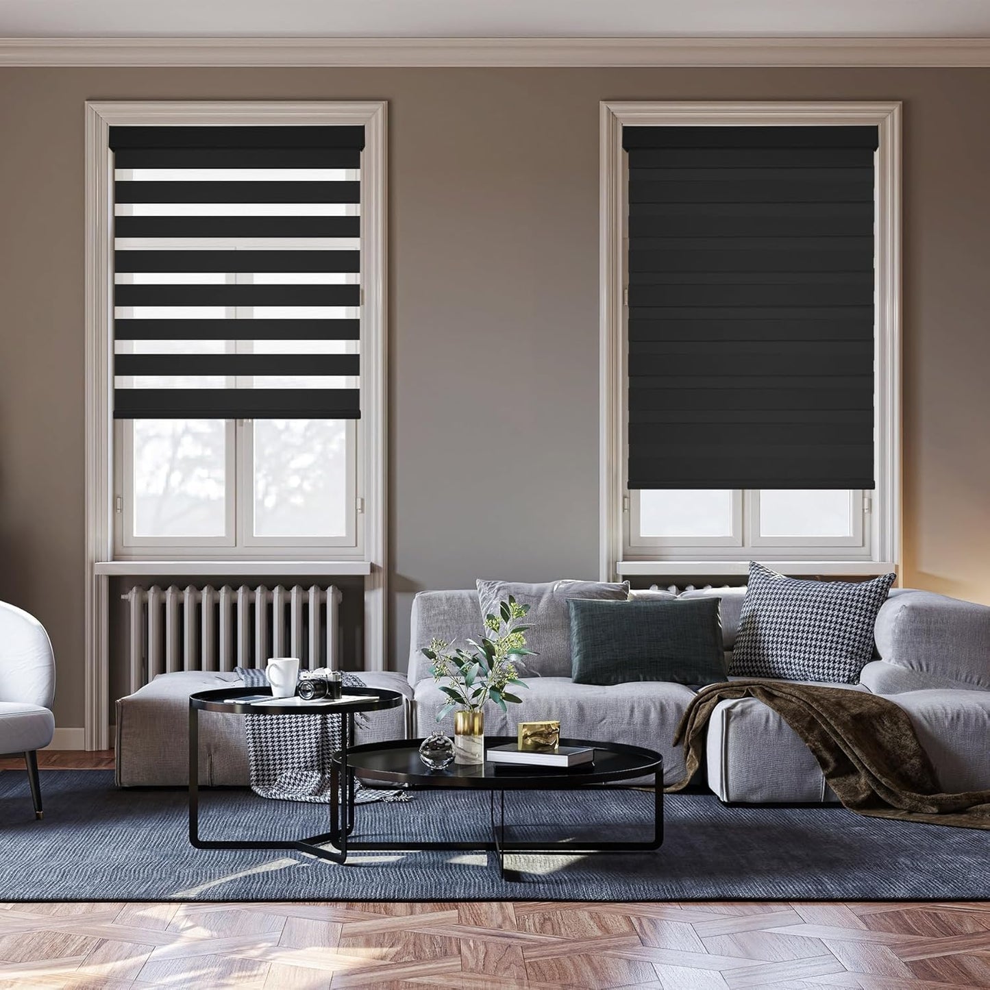 HESTIA Cordless Zebra Blinds Light Filtering Roller Shades UV Blocking Blackout Privacy Indoor Window Shades for Home Office Day and Night, Black,47" W x 60" H