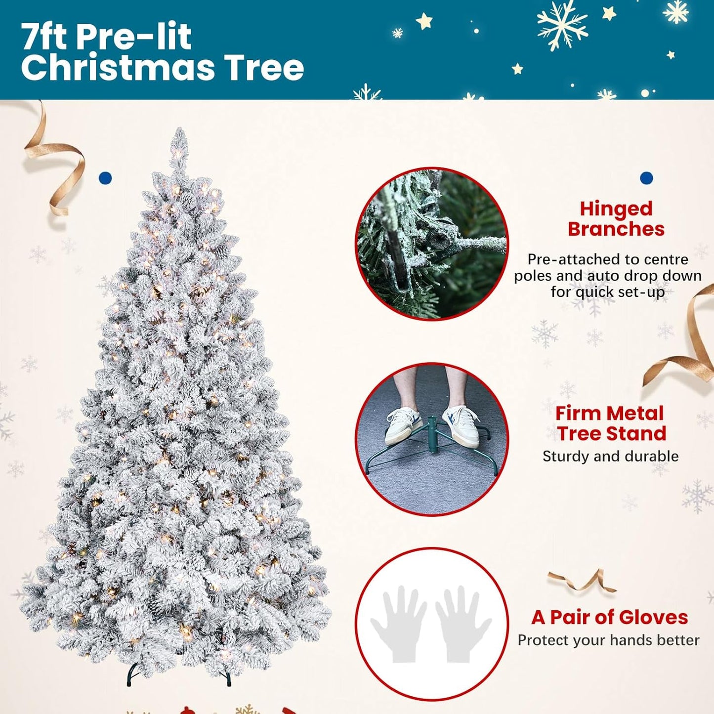7ft Prelit Flocked Christmas Tree, Frosted Artificial Christmas Tree with 500UL Lights, Pine Cones & 1124 Tips, Auto Hinged Easy Setup Full Prelighted Fake Christmas Tree