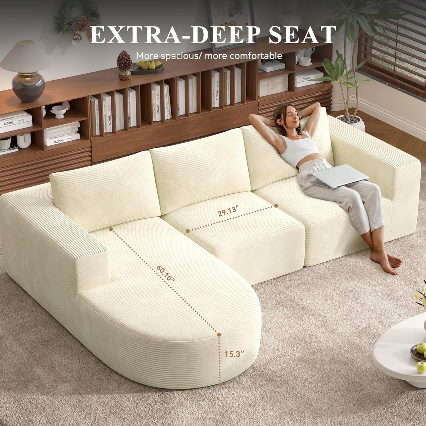 Modular Sectional Sofa with L-Shape Chaise,Cloud Sectional Modern Sleeper Couch with Deep Seat,Sponge Compression Sofas No Assembly Required (Beige-Corduroy Fabric) 1 PCS