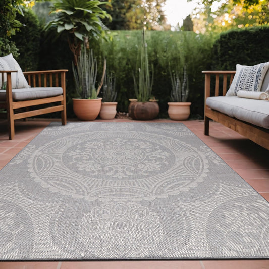 Medallion Outdoor Rug 6x9 Washable Outside Carpet for Indoor Patio Porch Waterproof Easy Cleaning Non Shedding Area Rugs Gray 6 x 9