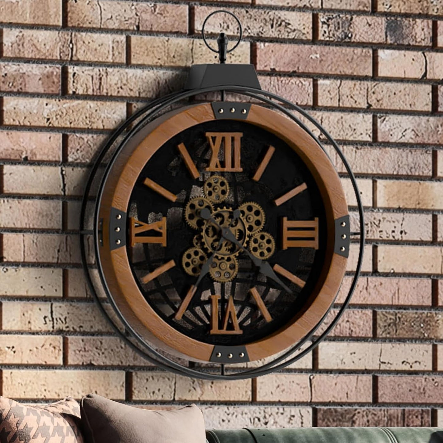 Driini 18 Inch Large Rustic Farmhouse Gear Clock with Moving Gears – Vintage Oversized Wall Clock with Iron Frame – Giant Industrial Steampunk Wall Clock for Living Room Décor (Walnut)