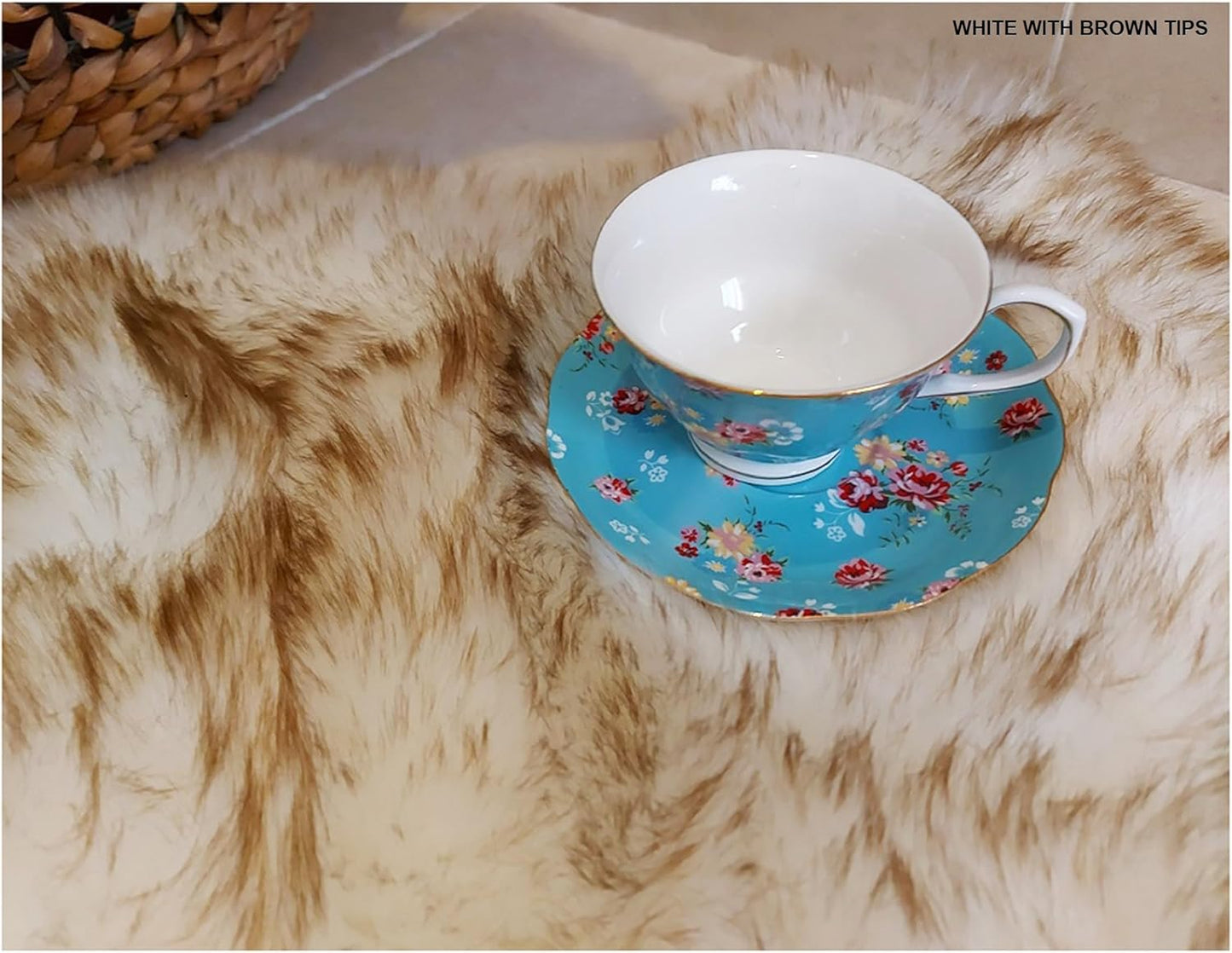 LAMBZY Faux Sheepskin Hypoallergenic Free Shape Silky Shag Rug, Luxury Shaggy Silky Plush Carpet for Bedrooms Rugs Living Sofa Floor (Single and a Half 2'x4', 60x120 cm White with Brown Tips)