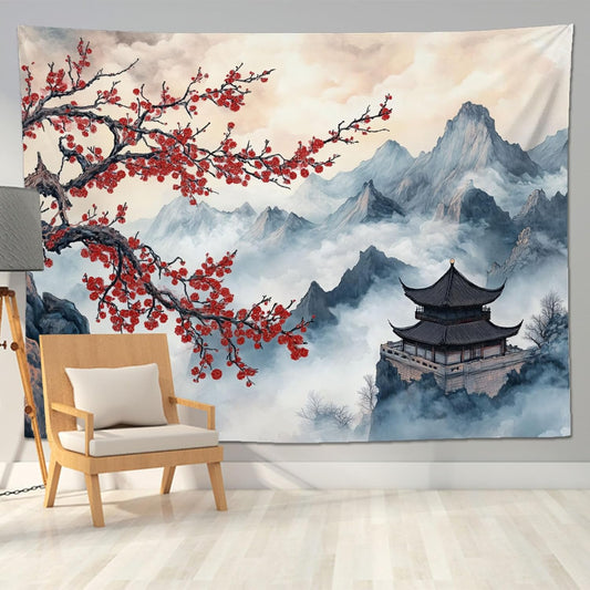 keowhsf Japanese Tapestry Aesthetic Wall Decor – Watercolor Ink Landscape with Red Plum Blossoms and Misty Mountains, Asian Art Hanging for Bedroom, Living Room, Dorm