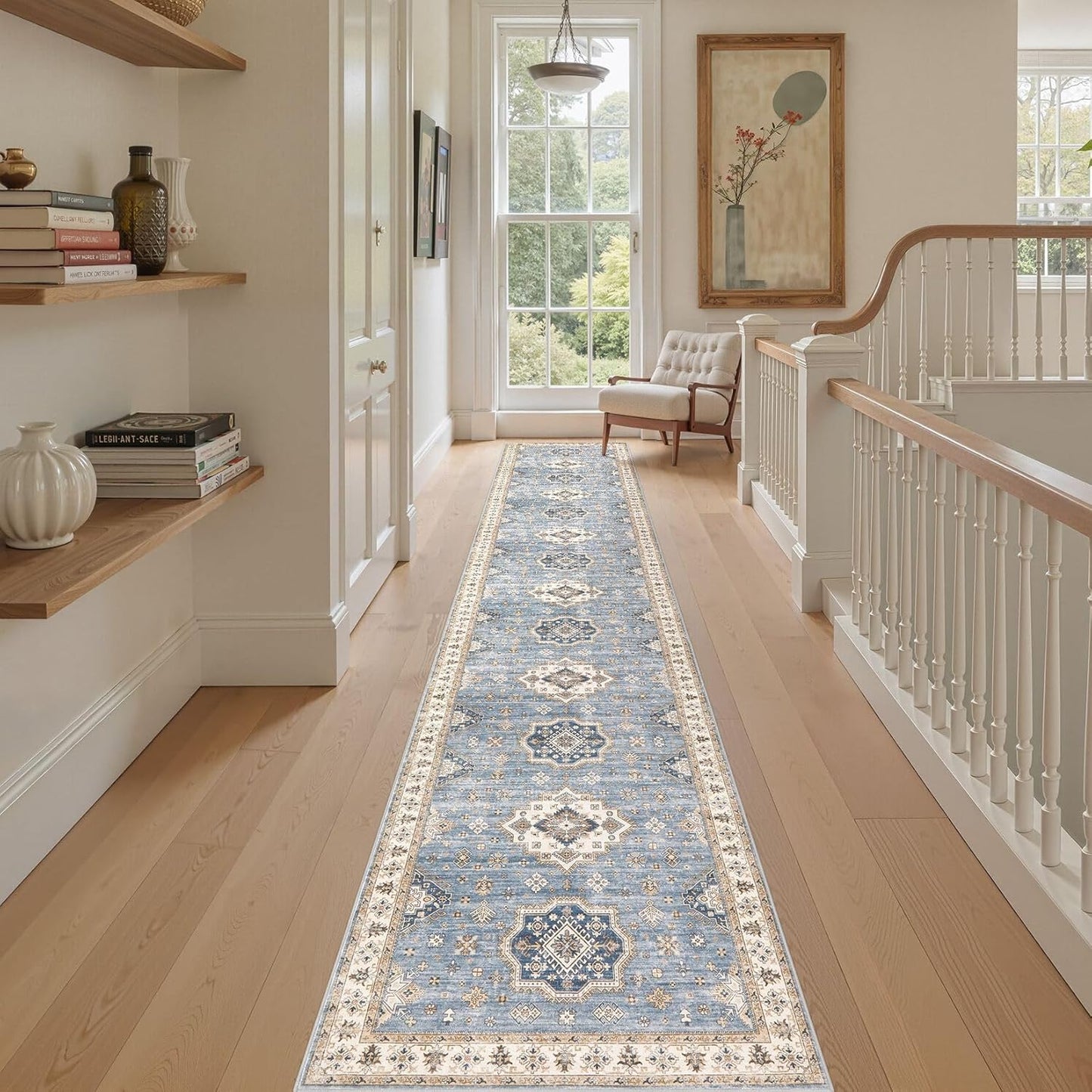 Washable 2.6x12 Runner Rug - Area Rugs Neutral Vintage Distressed Floral Farmhouse Boho Large Soft Floor Rug Indoor Carpet for Hallway Entryway Kitchen Home - Blue