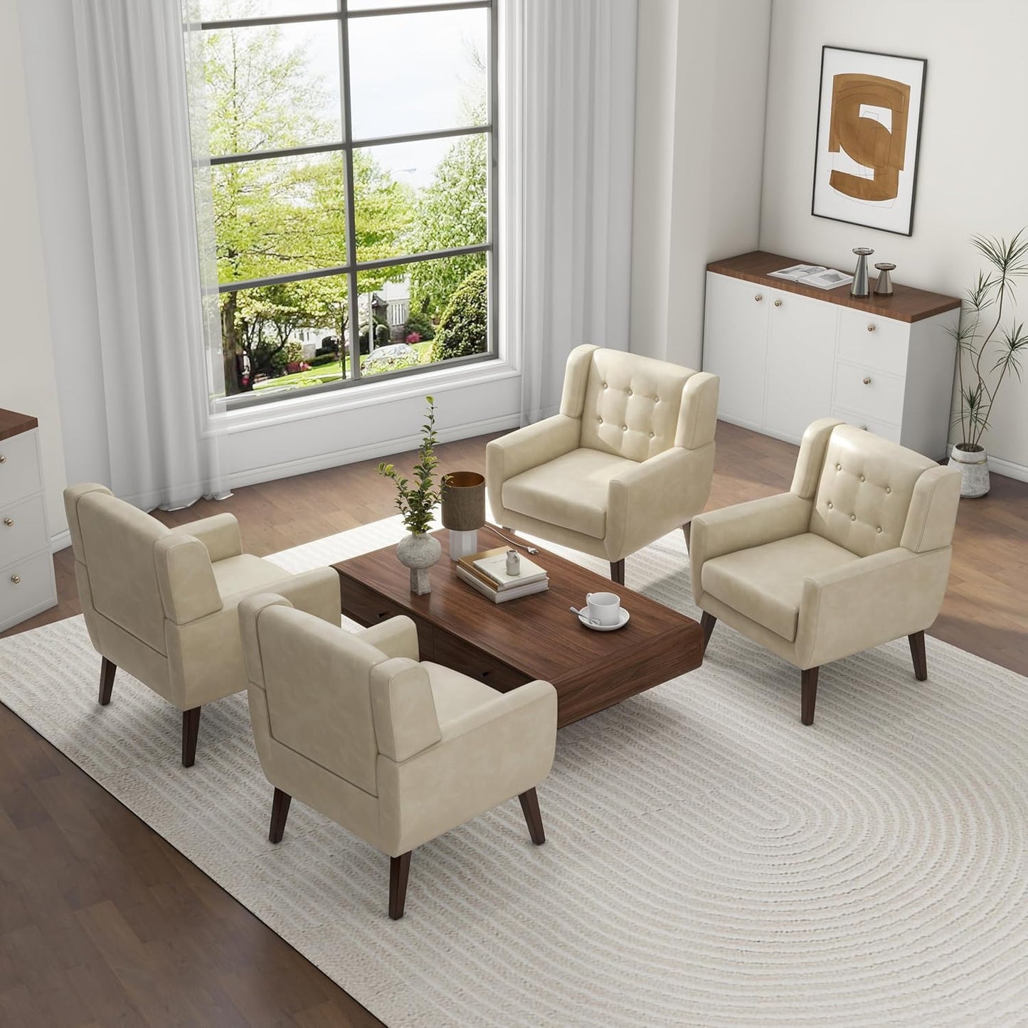 UIXE Faux Leather Accent Chairs Set of 4, Modern Arm Club Chair Upholstered Armchair for Living Room, Comfy Single Sofa Seats Button Tufted Reading Seating, Cream