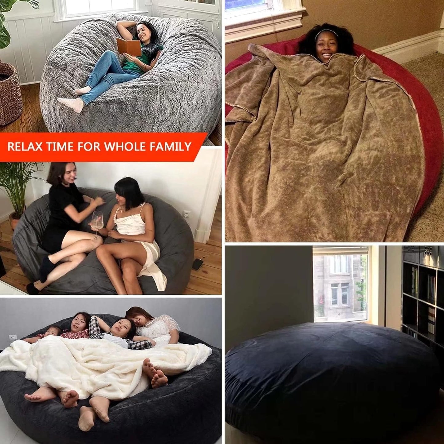 Big Huge Giant Bean Bag Chair for Adults, (No Filler) Bean Bag Chairs in Multiple Sizes and Colors Giant Foam-Filling Required- Machine Washable Covers, Double Stitched Seams (Orange,7FT)