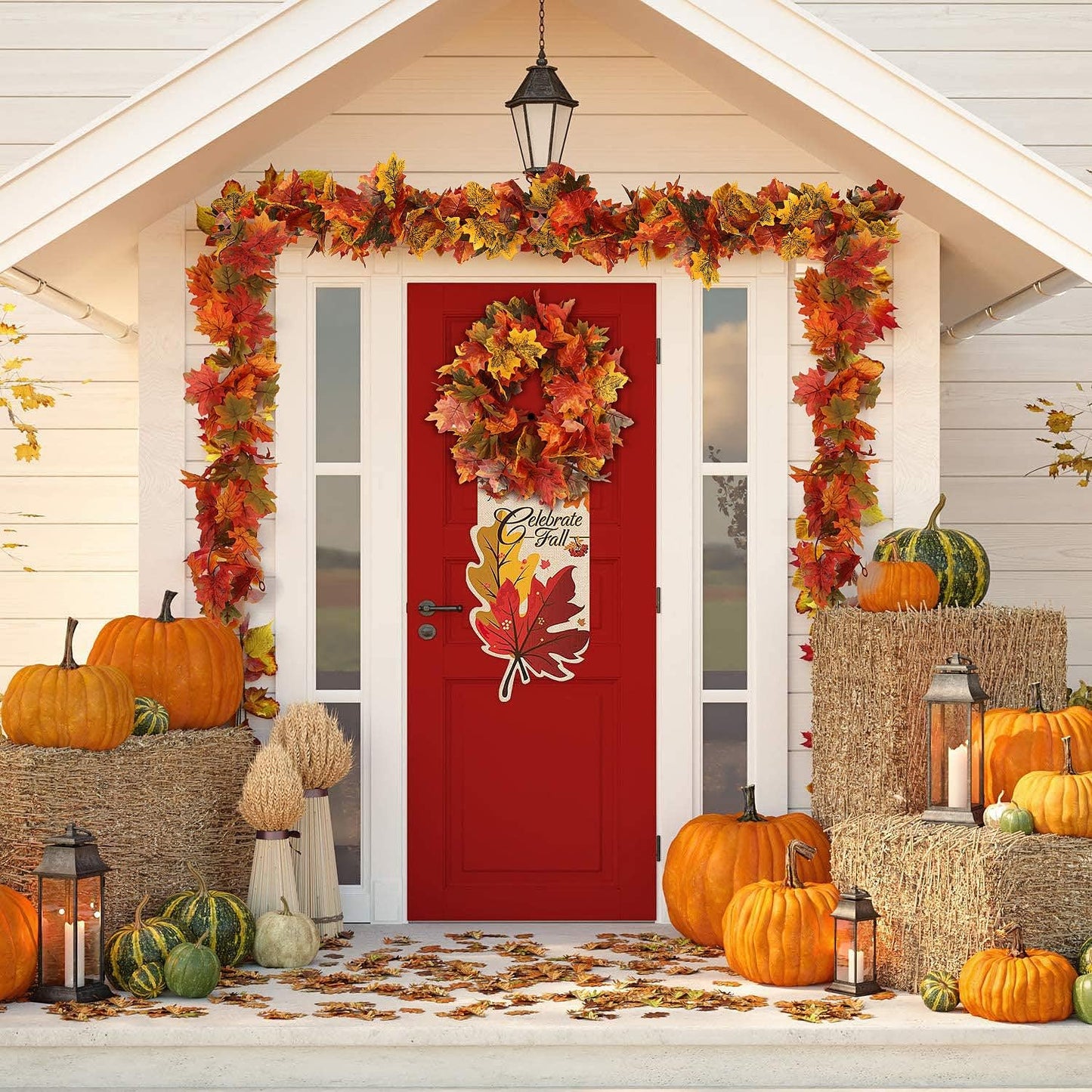 RECUTMS 2 Pack Fall Maple Garland - 5.8 FT/Pcs Autumn Hanging Fall Leave Vines for Home Garden Wedding Party Thanksgiving Dinner Fireplace Door Frame Doorway Backdrop Christmas Decor