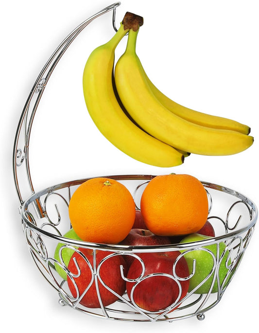 Simple Houseware Fruit Basket Bowl with Banana Tree Hanger, Chrome Finish