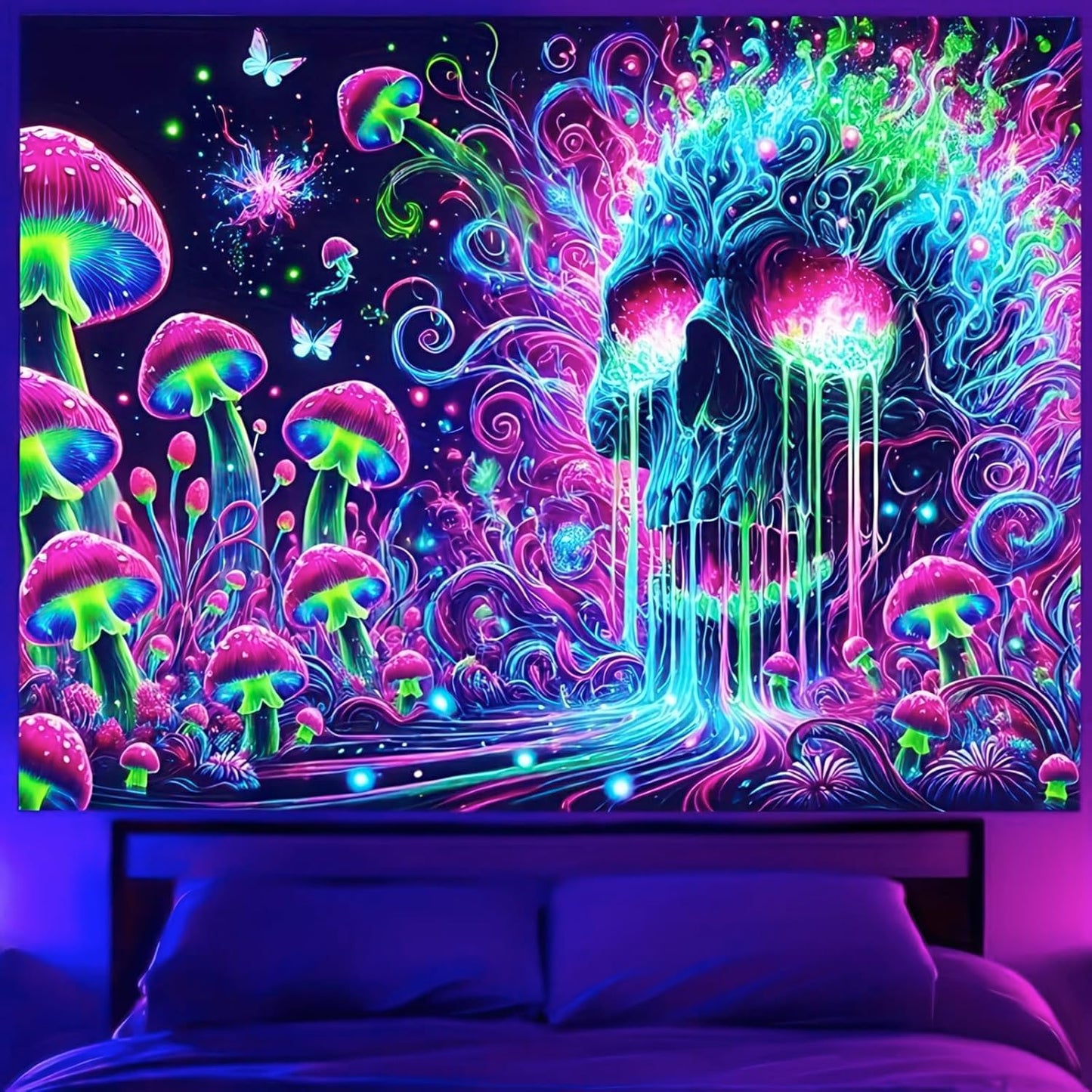 BlissYard Glowing Tapestry Blacklight Skull Tapestry 78x59 Inch Psychedelic Skull Mushroom UV Reactive Neon Mushroom Galaxy Space Tapestry Wall Hanging for Living Room Bedroom Party Backdrop Decor