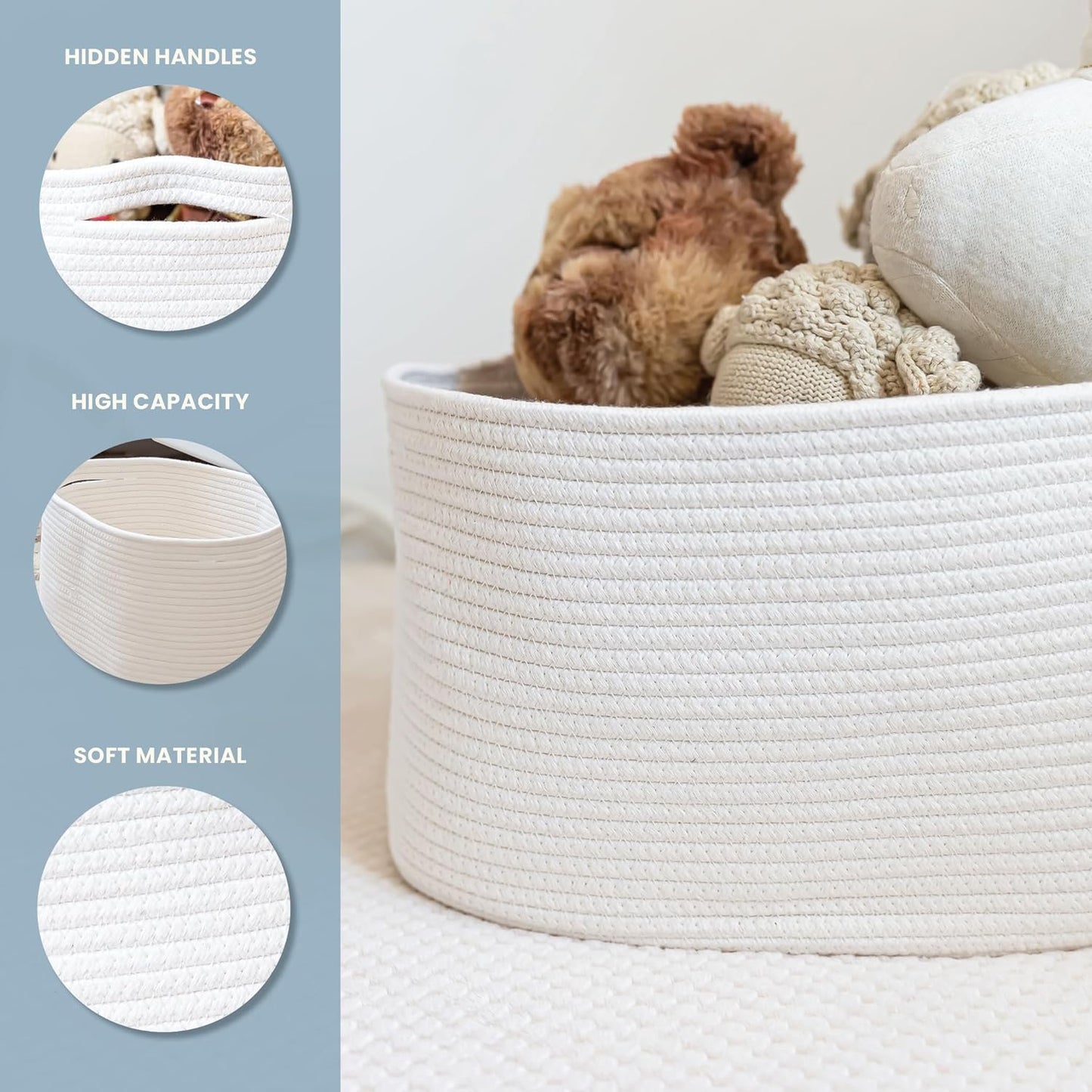 OrganiHaus Set of 3 Woven Storage Baskets for Organizing, Cotton Rope Organizer Bins for Shelves, Closet & Nursery, Dog Toy Basket, Decorative Bins for Toys, Towels & Books - 15x10x9, Off-White