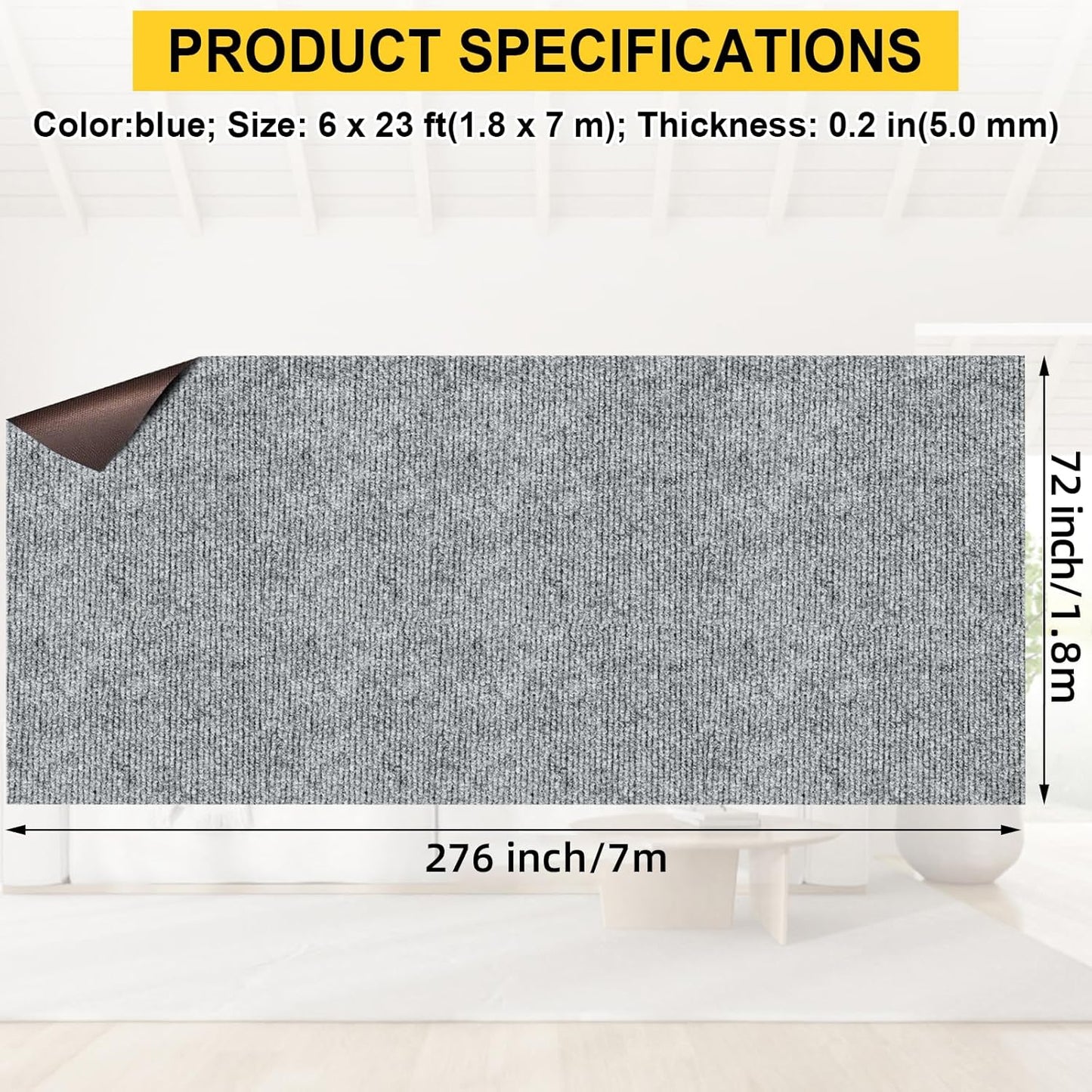 Marine Carpet,6 FT x 23 FT Smoke Gray Indoor Outdoor Carpet 0.2" Thick Boat Carpet with Water-Proof TPE Backing, Non-Slide Outdoor Marine Carpet Roll for Home, Patio, Porch, Deck