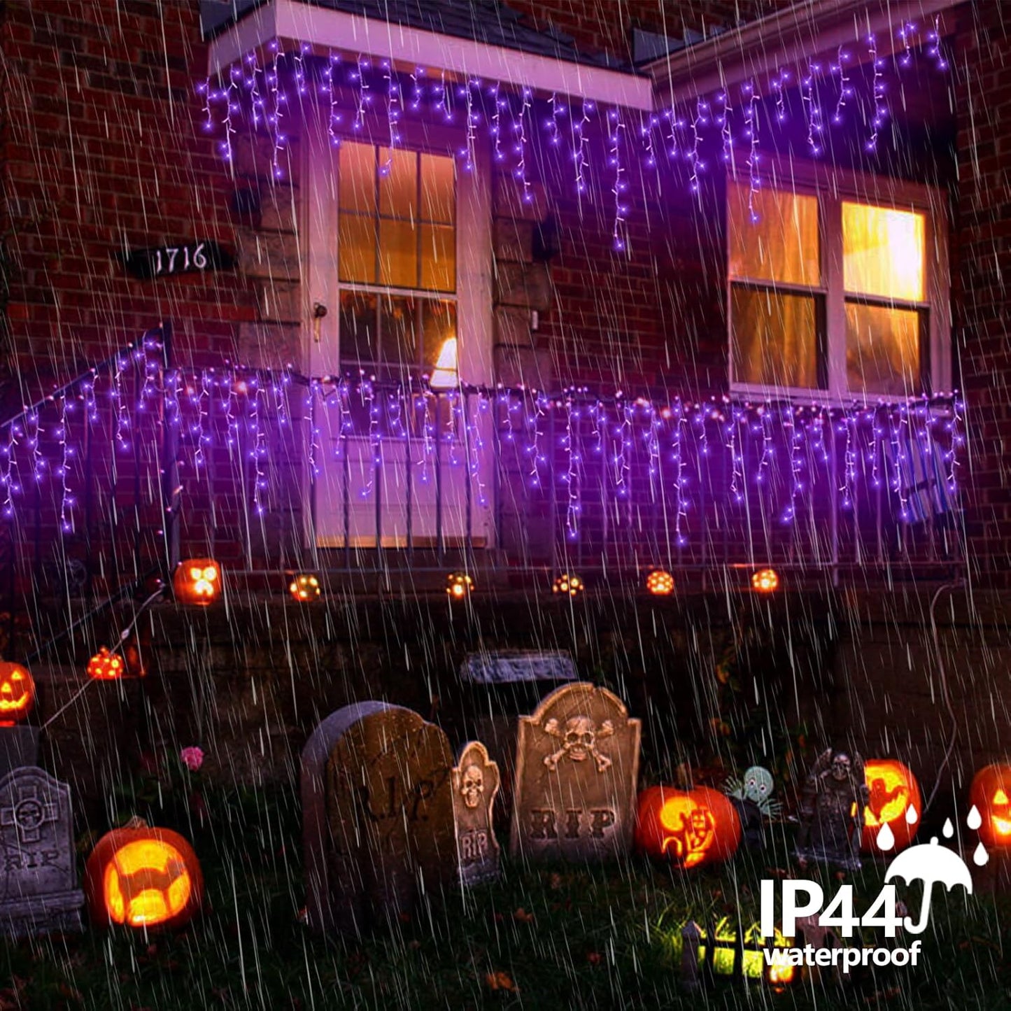 QITONG Purple Halloween Lights Outdoor, 33ft 400 LED Icicle Light for Outside Indoor Plug in, 8 Modes Clear Wire Connectable Christmas Lights with 80 Drops