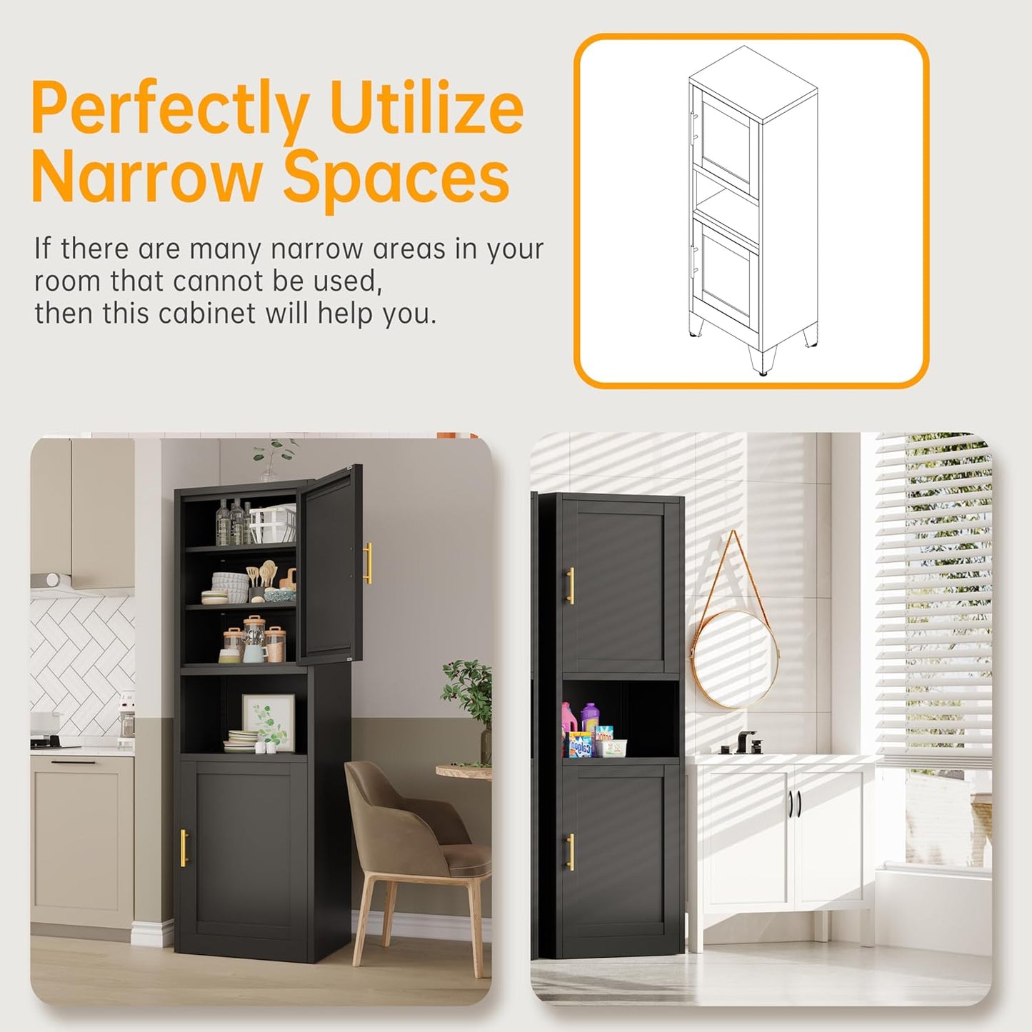 Tall Narrow Storage Cabinet 66.93" H Tall Bathroom Cabinet Metal Pantry Cabinets, 4 Adjustable Shelves for Kitchen, Home Office, Living Room, Dinning Room (20 inches Wide Black)