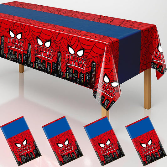 4Pcs 2in1 Spider Birthday Decorations Tablecloths, 54" x 108" Super Hero Spider Table Cloth Disposable Rectangle Plastic Table Cover for Boys Birthday Party Supplies