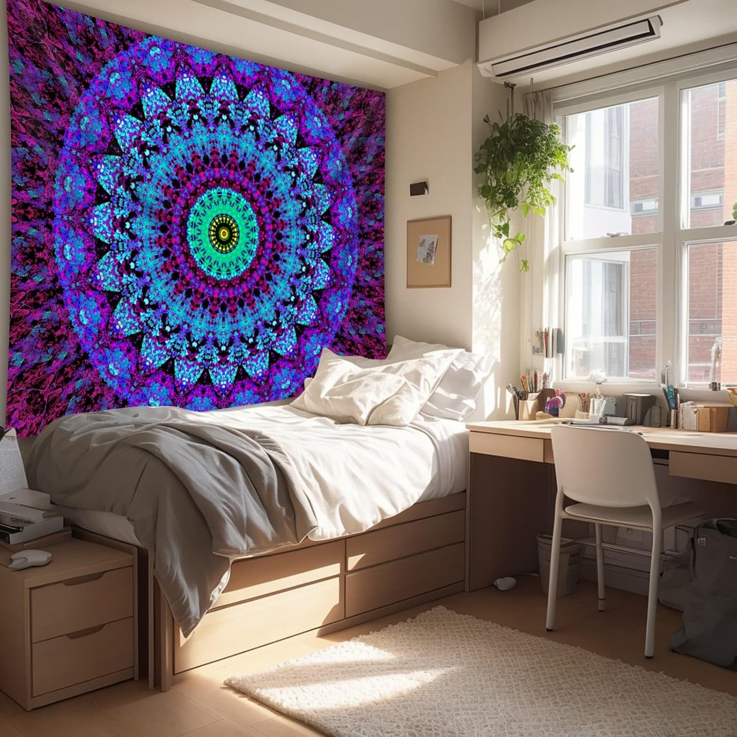 Blacklight Mandala Boho Tapestry, Black Light Bohemian Hippie Poster for Adults and Teens, UV Reactive Aesthetic Wall Art Decor for Bedroom (80 x 60 Inches)