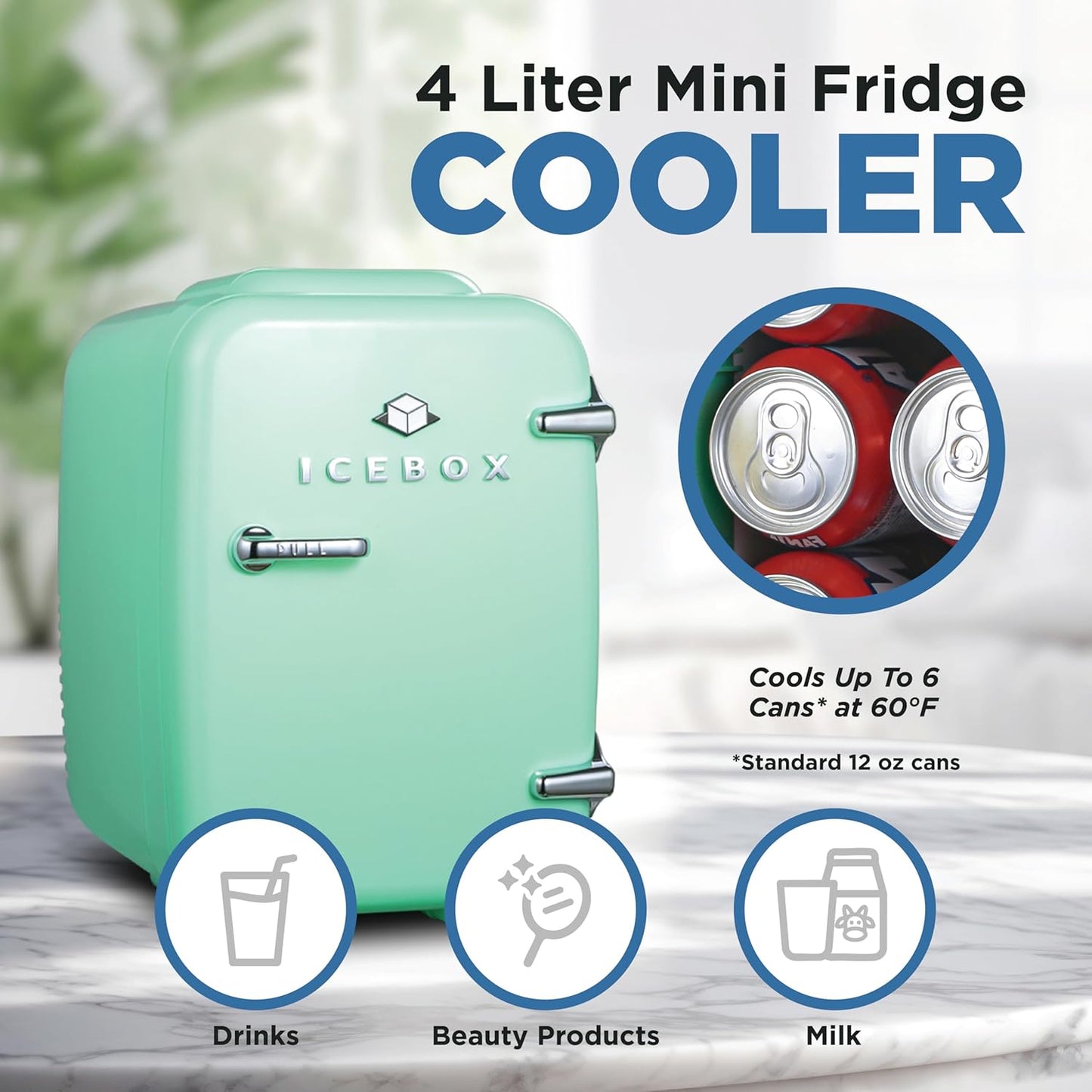 IBMF4MNT Fridge for Bedroom, Skincare, Portable Cooler & Warmer for Makeup, for Office & Home Refrigerator, Mini (4 L / 6-Can), Mint Green