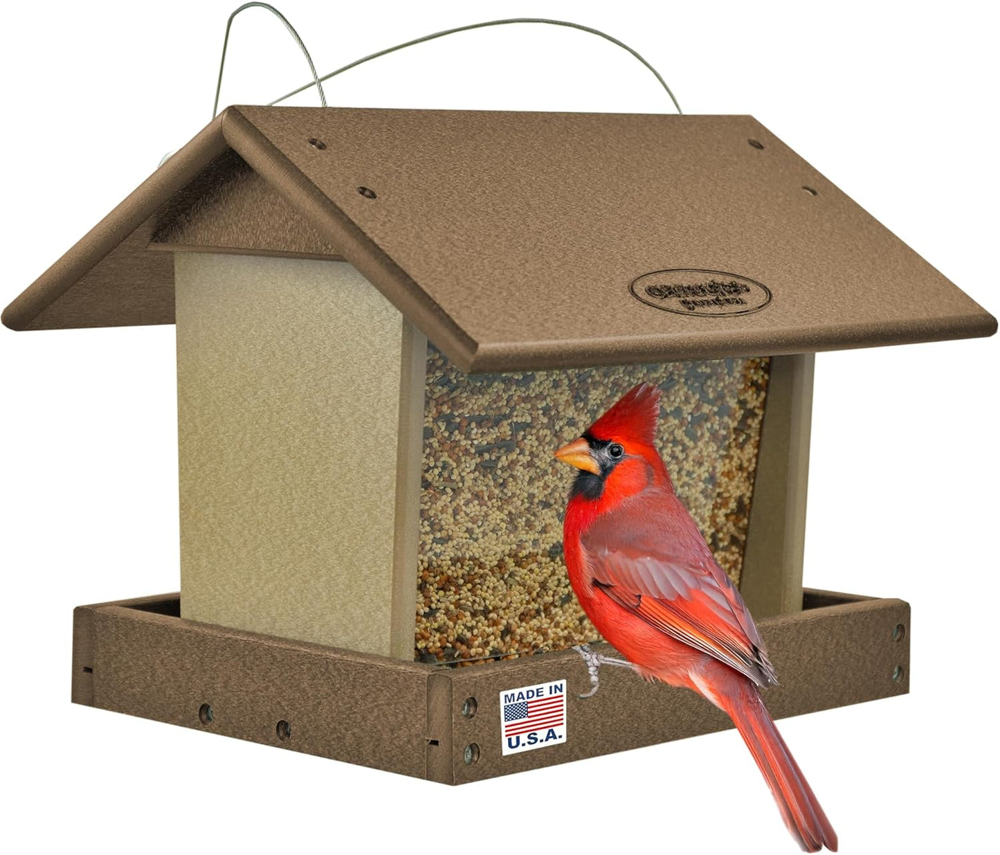 Poly Hanging Hopper Bird Feeder, Large Hanging Bird Feeder for Outside, Outdoors - Amish American Made (Tudor Brown & Weatherwood)