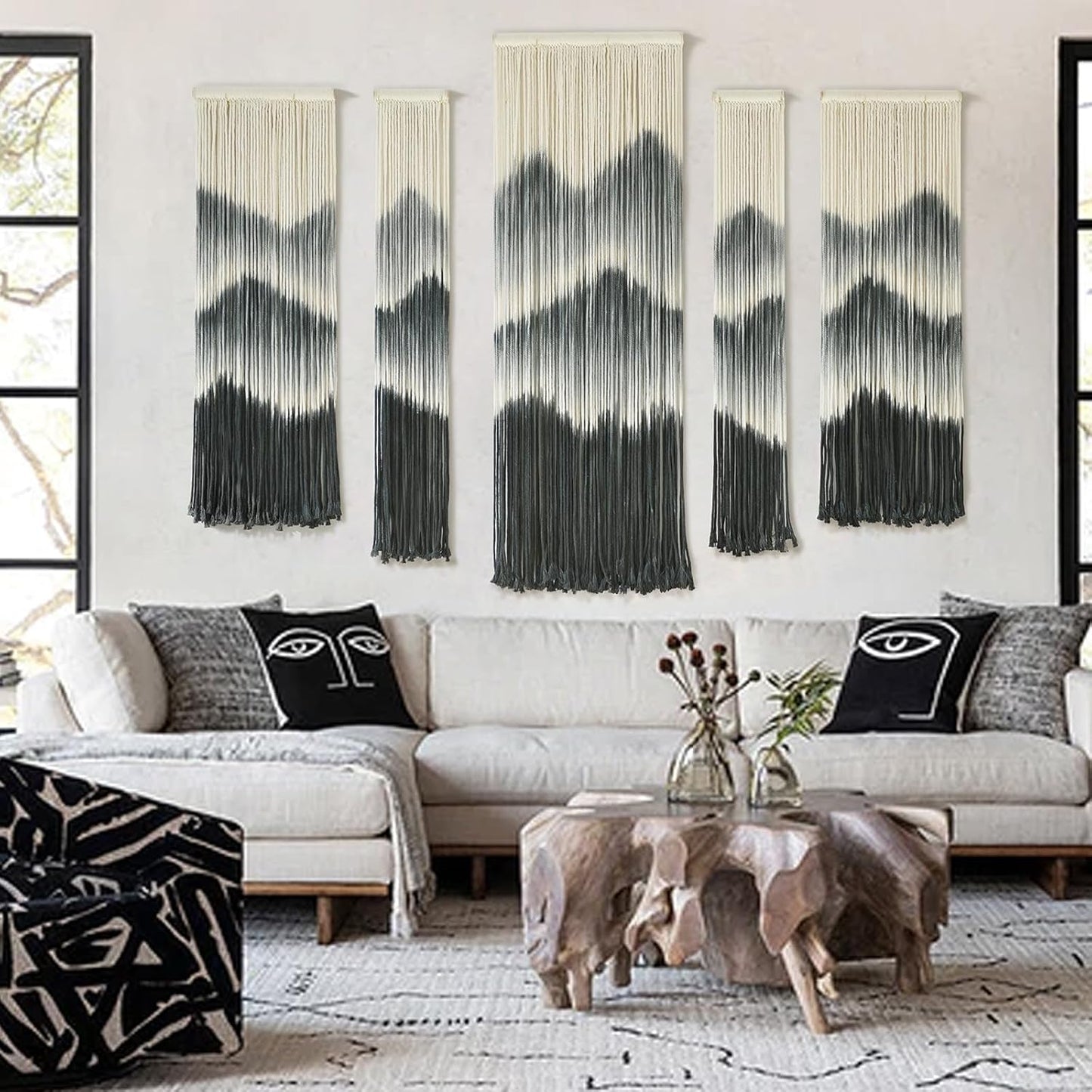 IOWER Large Macrame Wall Hanging 5Pcs Handmade Dip-Dyed Mountain Wall Decor Combination Suspension Bedroom Living Room Modern Fiber Yarn Wall Art
